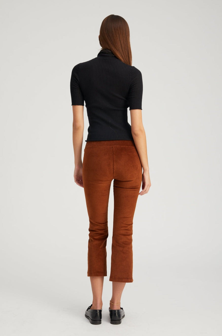 DARK COGNAC CORDUROY CROP FLARE PANTS - 4