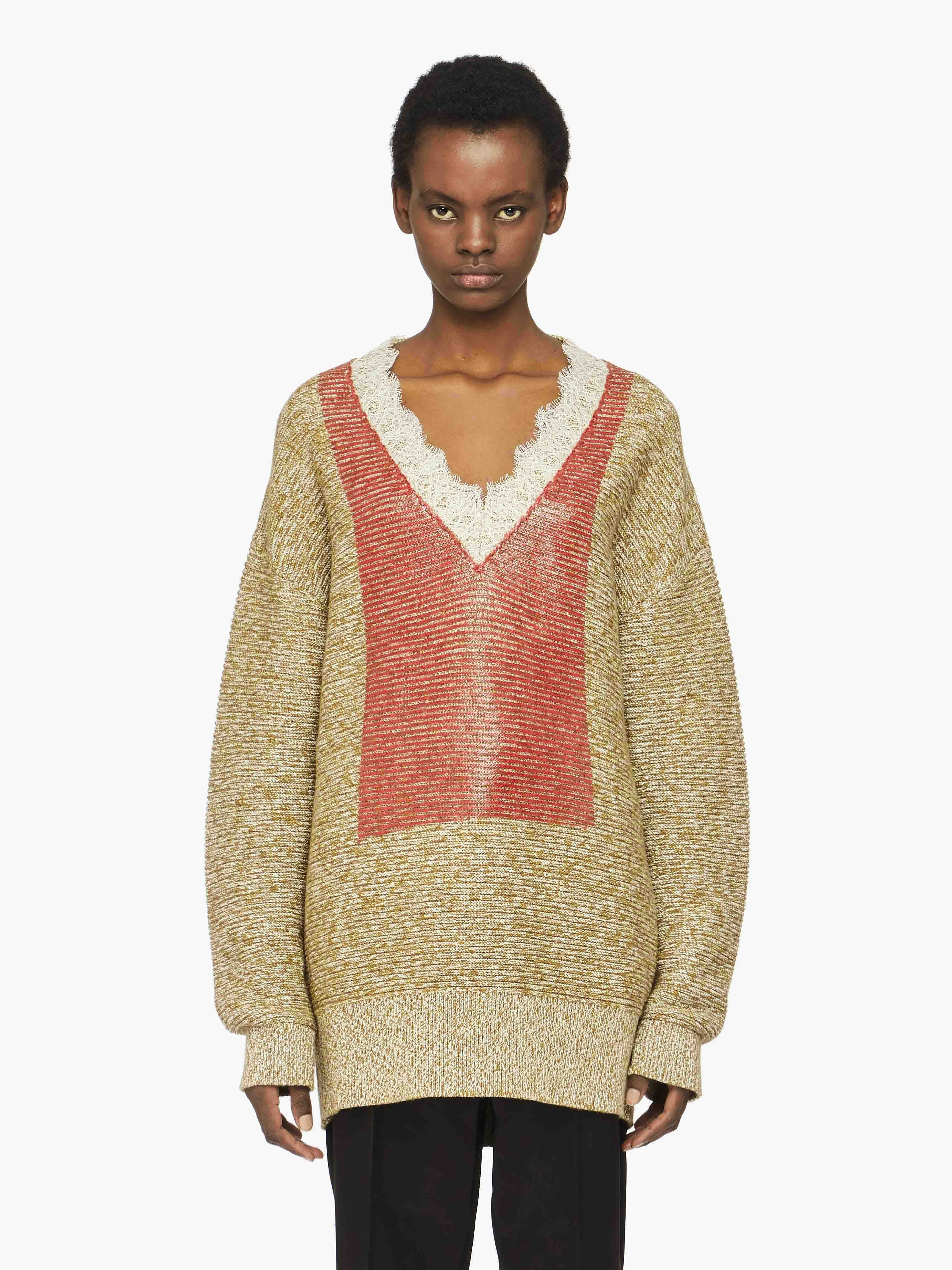 V-NECK LACE TRIM SWEATER - 2