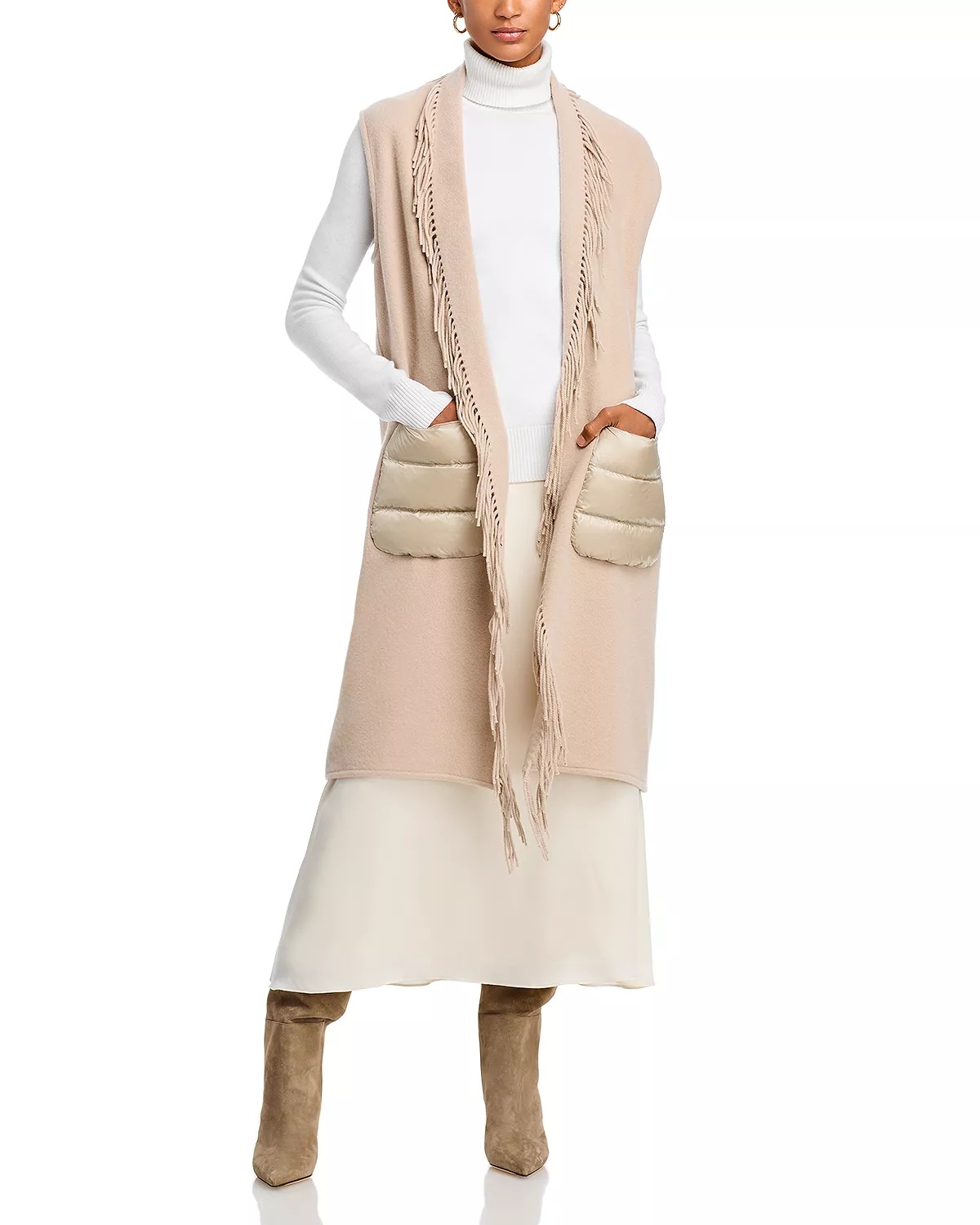 Sleeveless Mixed Media Wool Cashmere Coat - 7