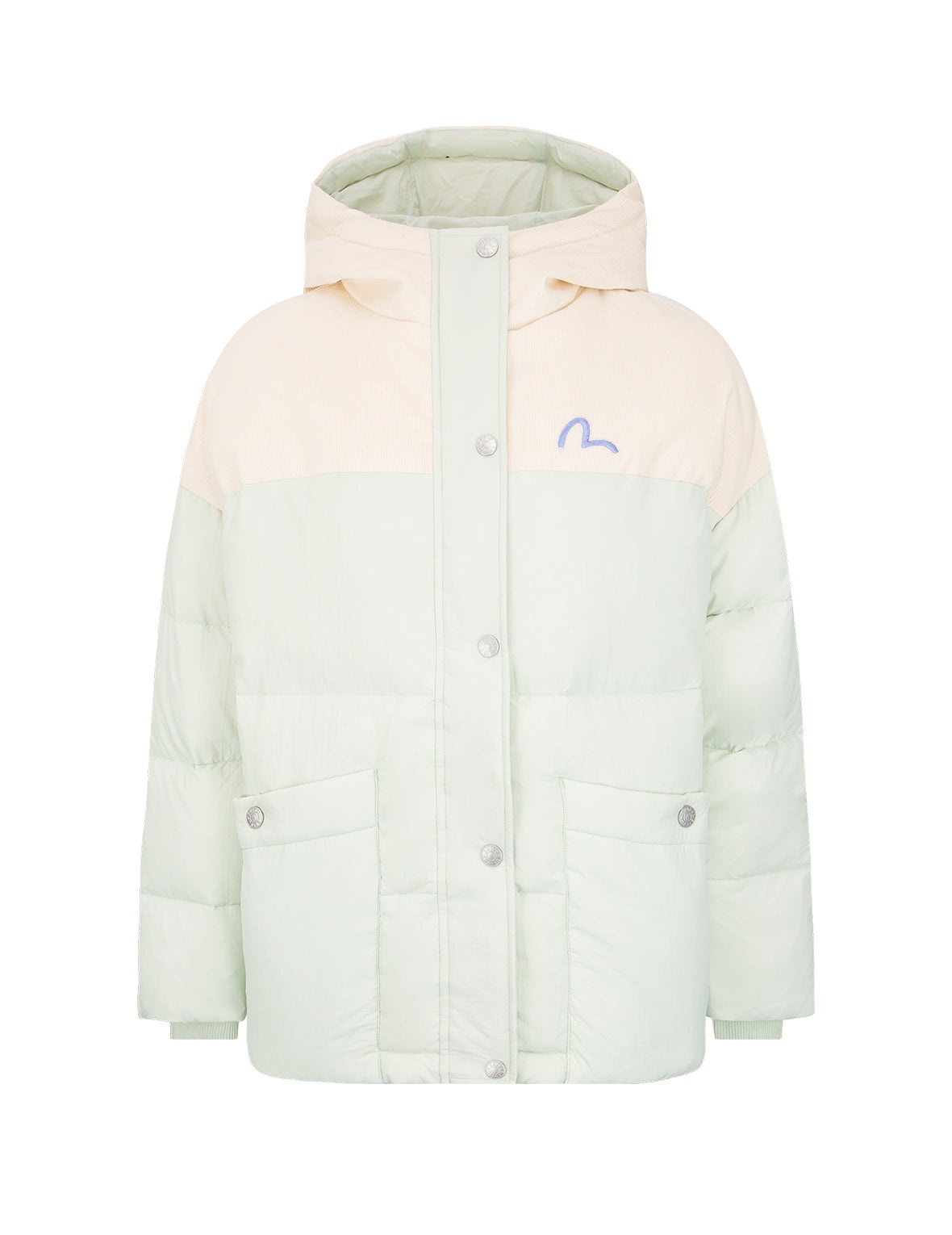 “Kamon Hide-and-Seek” Print Fabric Blocking Down Jacket - 1