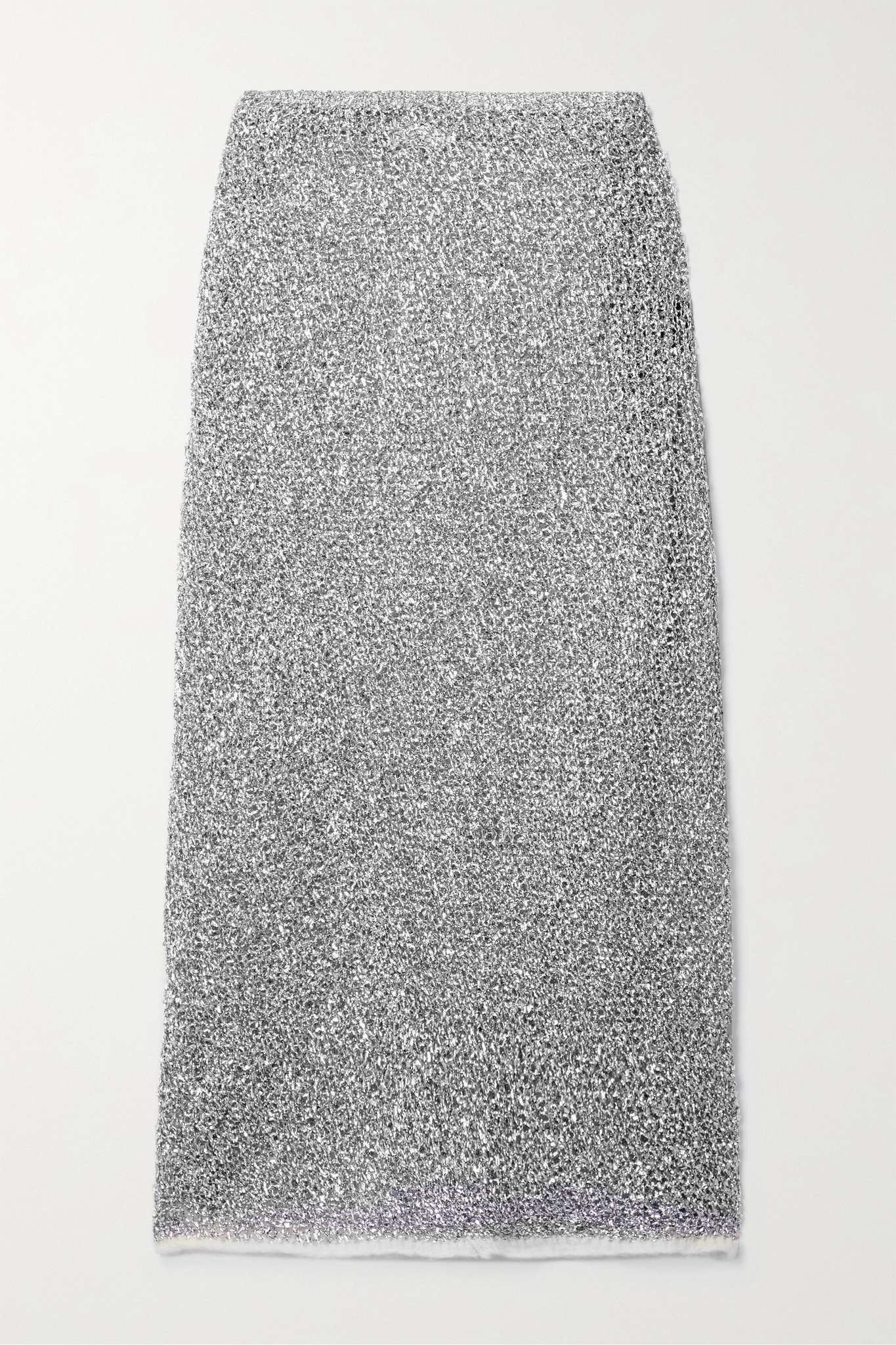 Dries Van Noten Tempe fleece-trimmed metallic open-knit midi Dries Van Noten Tempe fleece-trimmed metallic open-knit midi