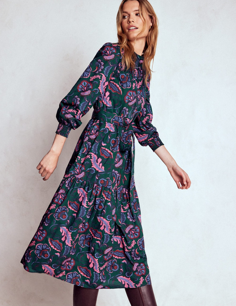Cecily Cotton Midi Dress-Emerald Night, Ornate Meadow 5