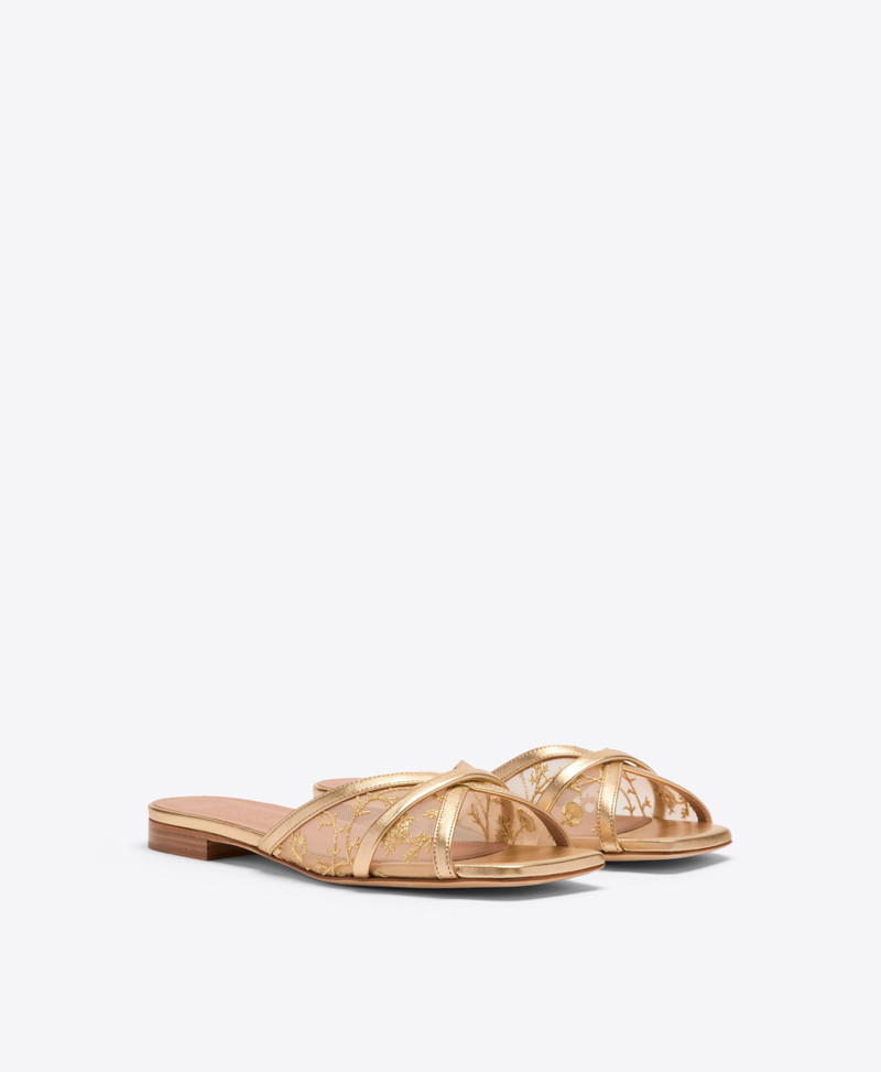 MALONE SOULIERS Perla Gold Embroidered Mesh Flat Sandals outlook