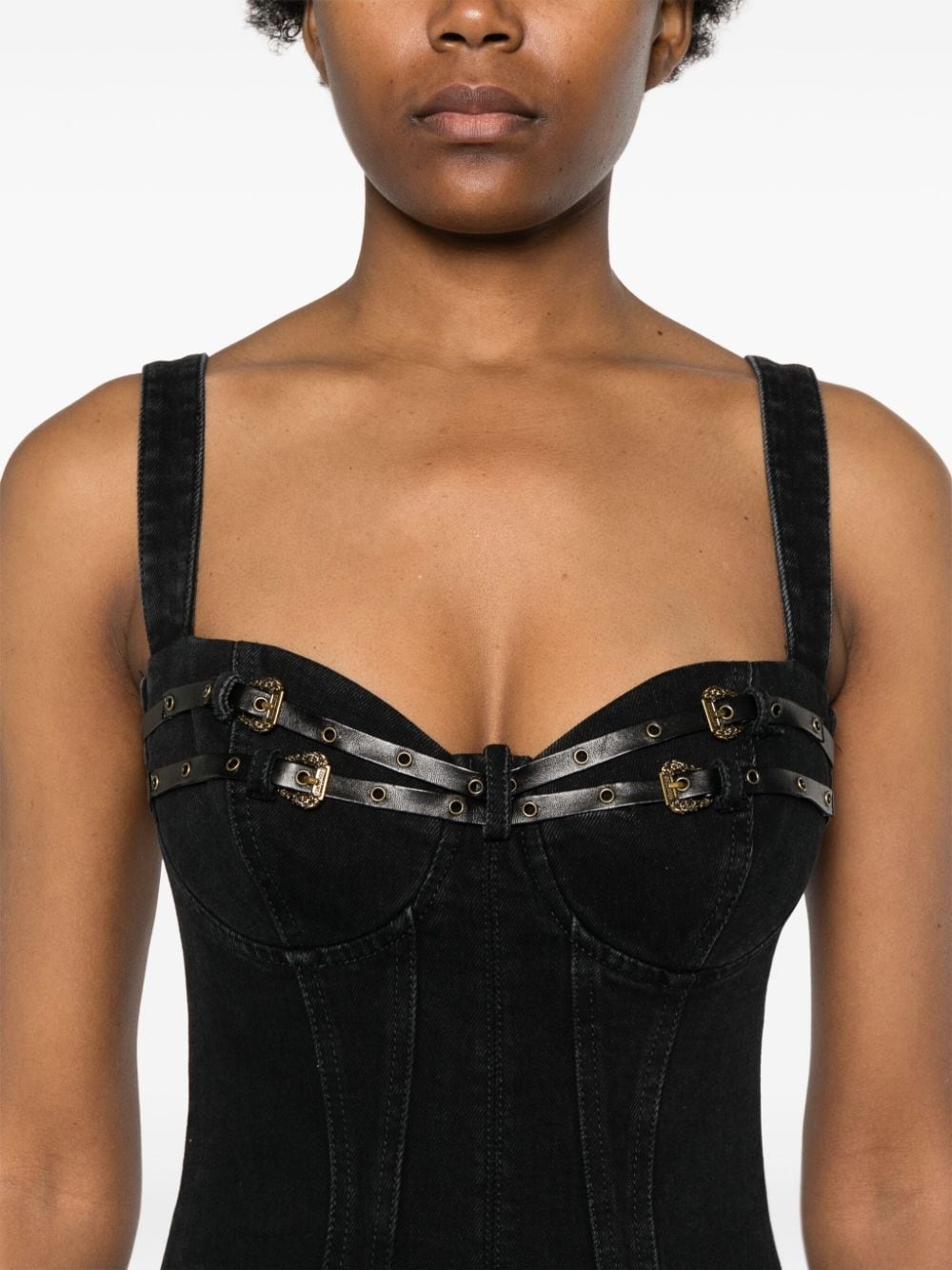 bucked-belts denim midi dress - 5