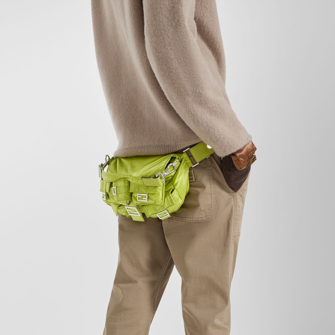 Baguette Multipocket bag made of green shiny recycled nylon, with five patch pockets in different si - 7