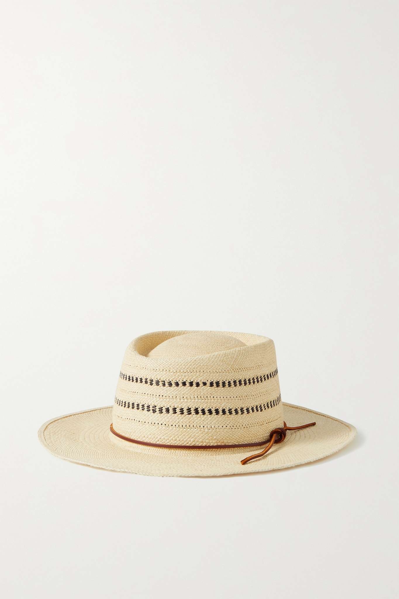 Cora leather-trimmed straw panama hat - 1