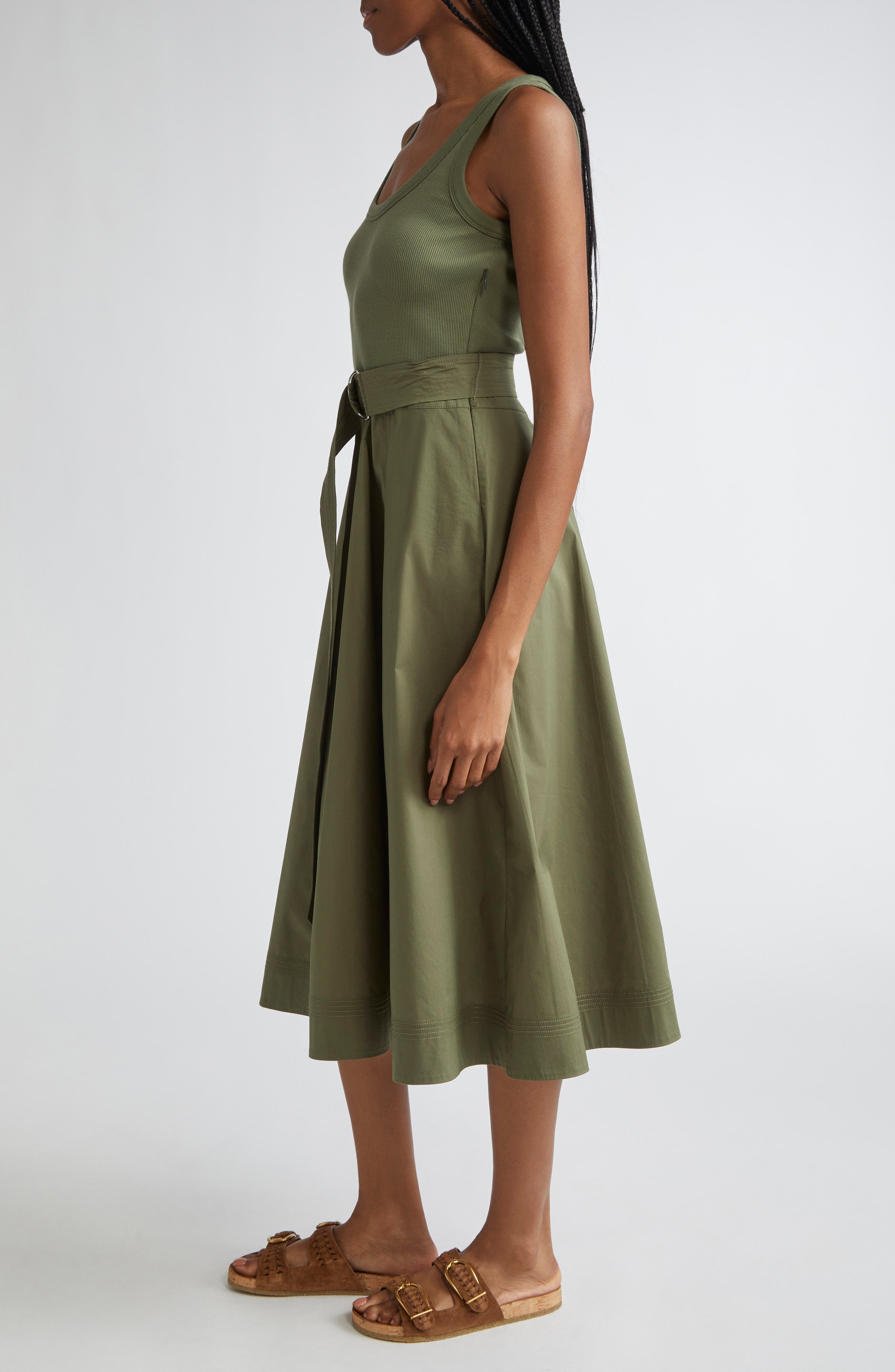 Veronica Beard Ennis Mixed Media Stretch Cotton Dress in Stone Army at Nordstrom - 3