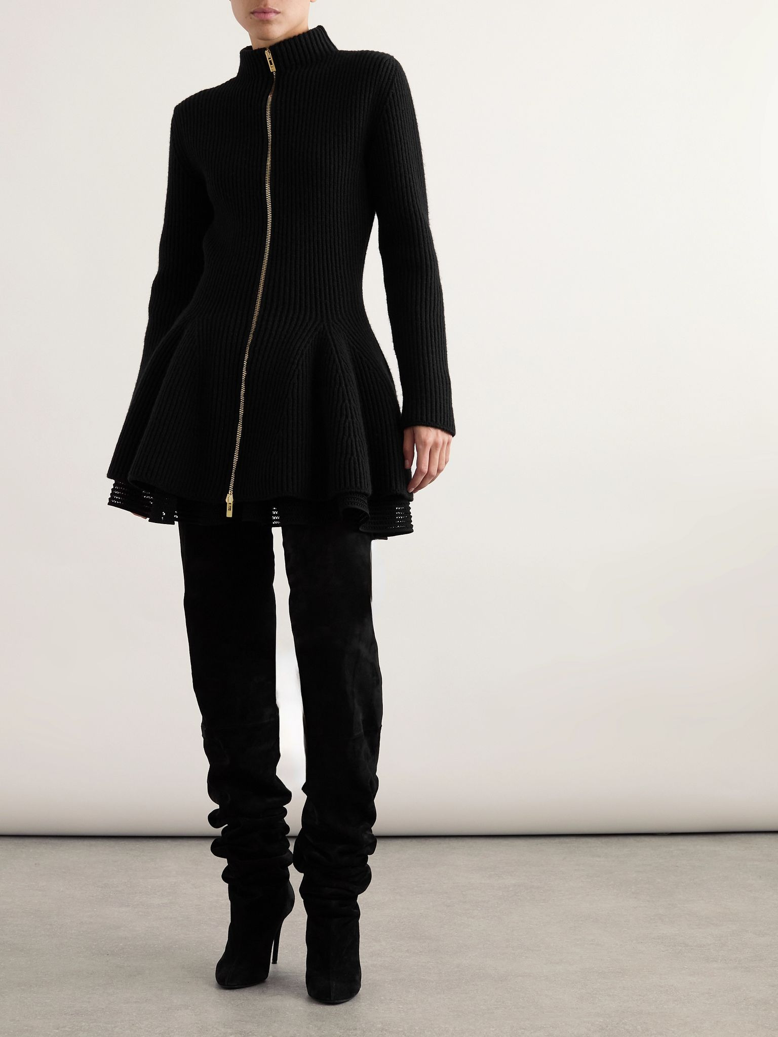 Ribbed wool and cashmere-blend peplum cardigan Black - 2