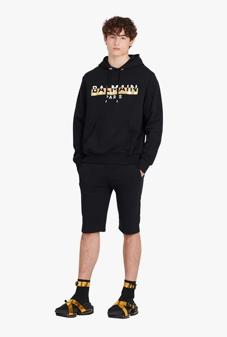 Black eco-designed cotton sweatshirt with white and gold Balmain Paris metallic logo print - 2