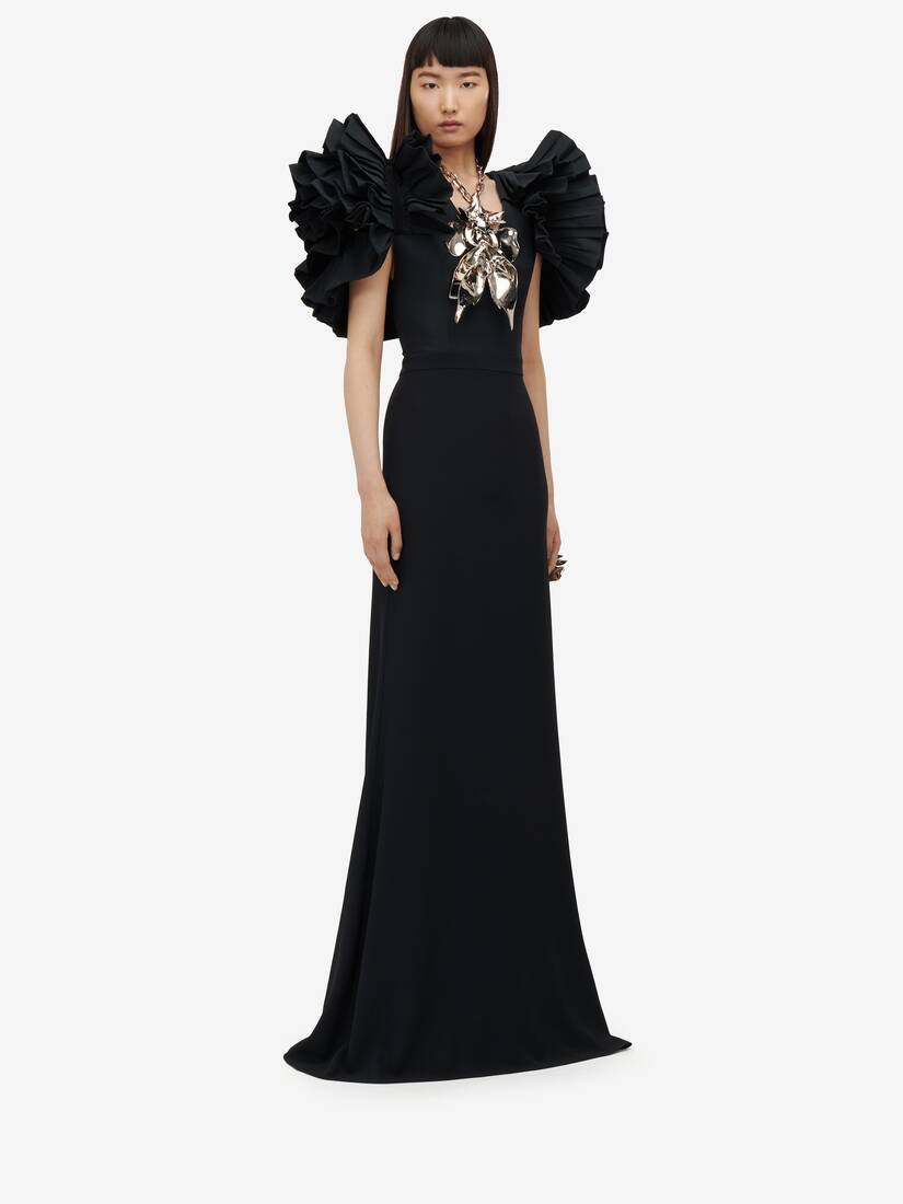 Women's Exploded Shoulder Evening Dress in Black - 3