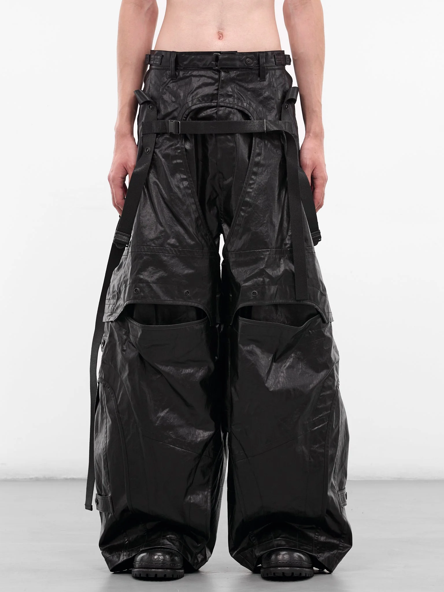 Black Coated Layered Cargo Pants - 1