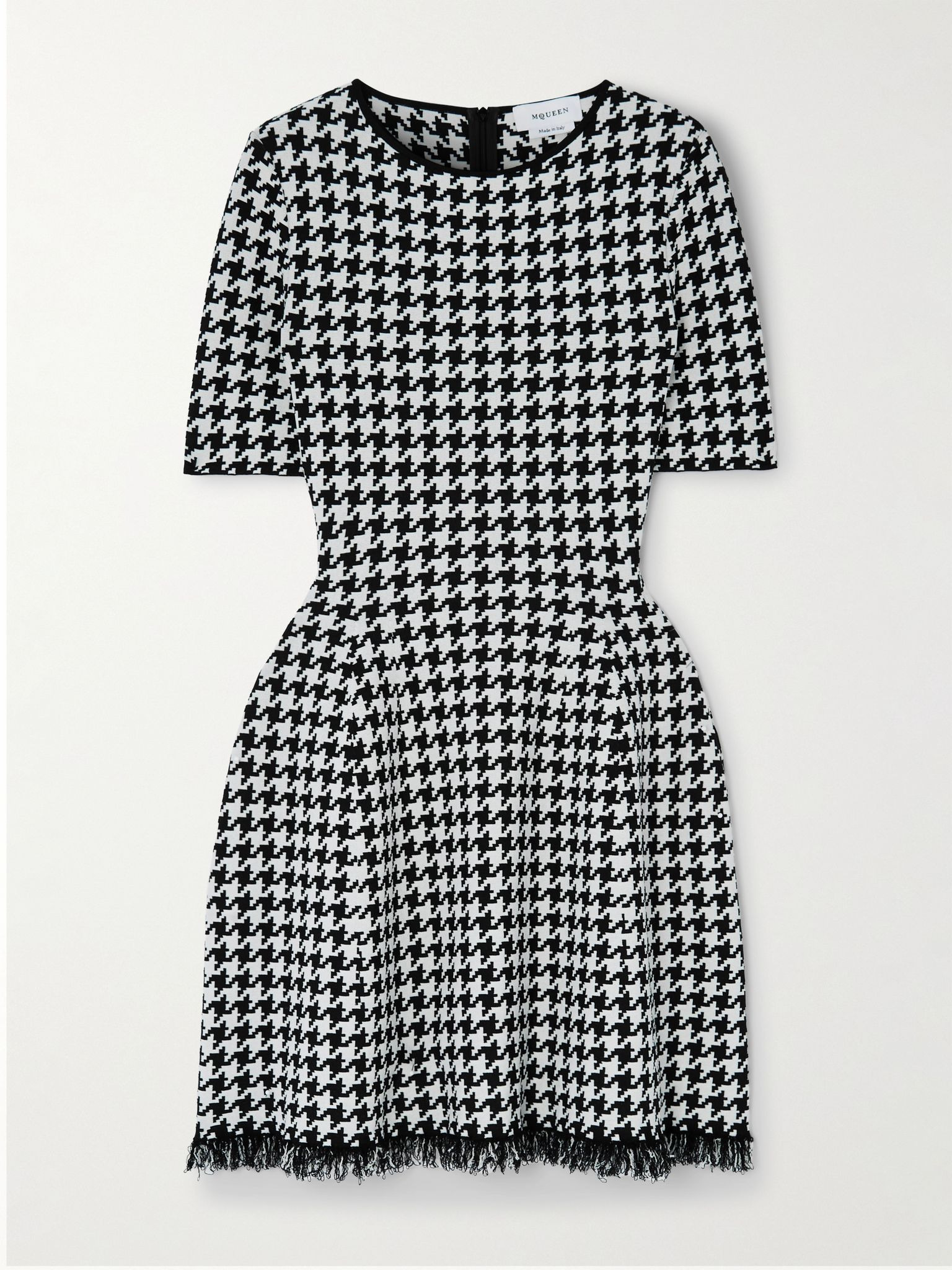 Fringed houndstooth jacquard-knit mini dress Black - 1