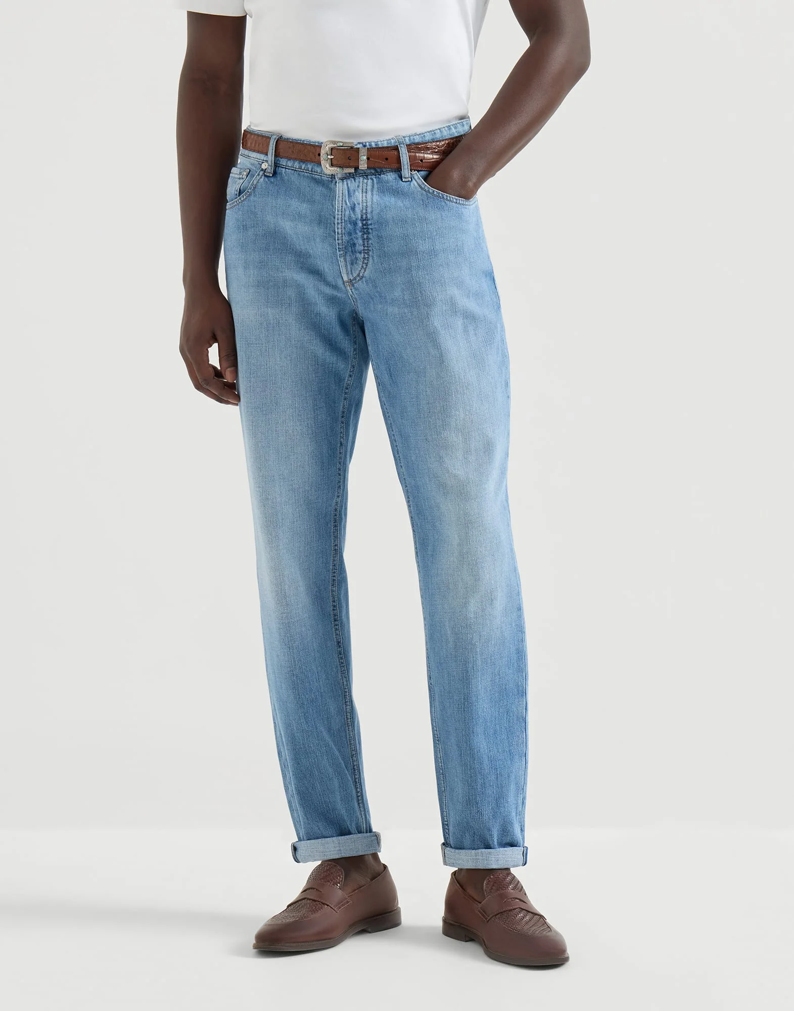 Lightweight denim traditional fit five-pocket trousers - 1