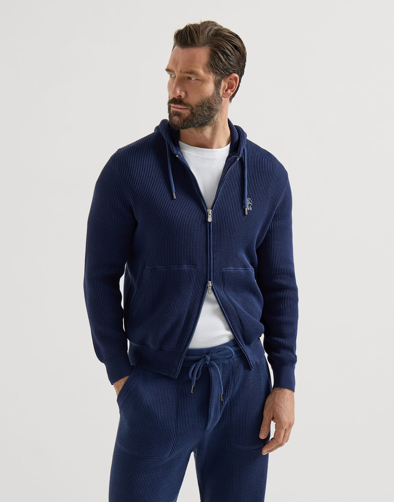 Cotton English rib knit hooded sweatshirt with logo and zipper 2