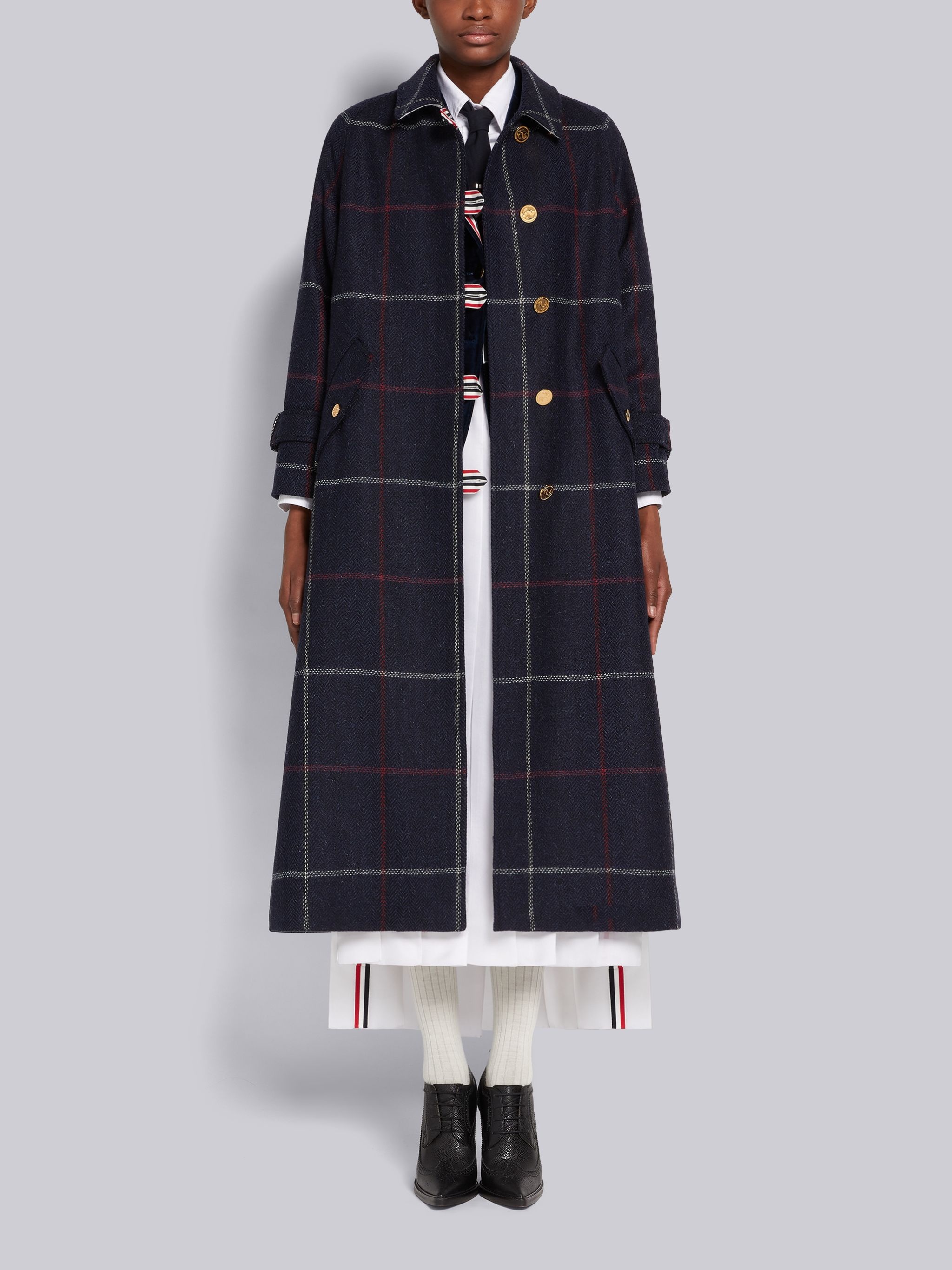 Navy Herringbone Windowpane British Wool Toggle Closure Raglan Sleeve Duffle Overcoat - 4