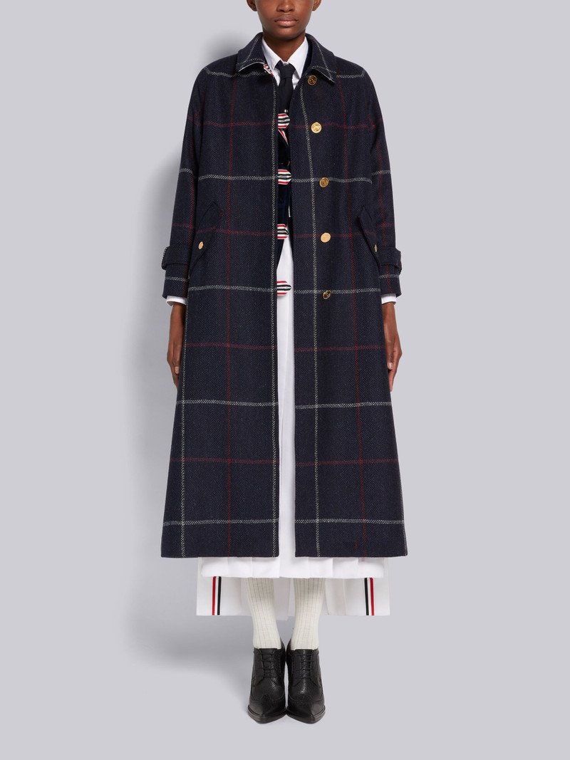 Navy Herringbone Windowpane British Wool Toggle Closure Raglan Sleeve Duffle Overcoat 4