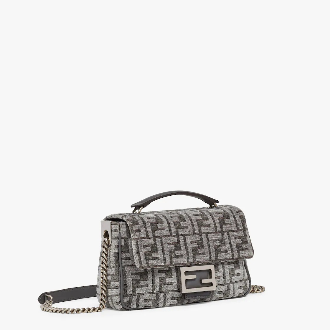 Iconic medium-sized Baguette bag with chain, made of chenille with dark gray FF tapestry motif. Fini - 2