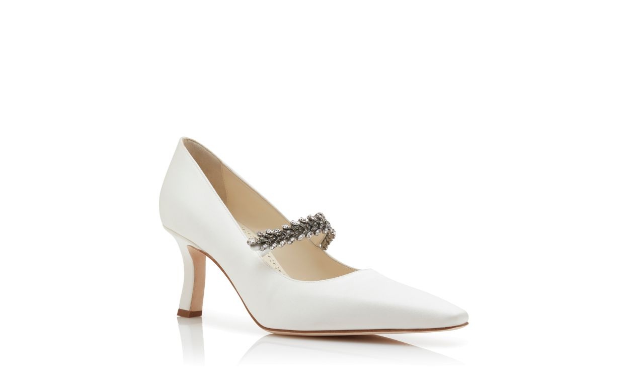 White Satin Jewel Embellished Pumps - 3