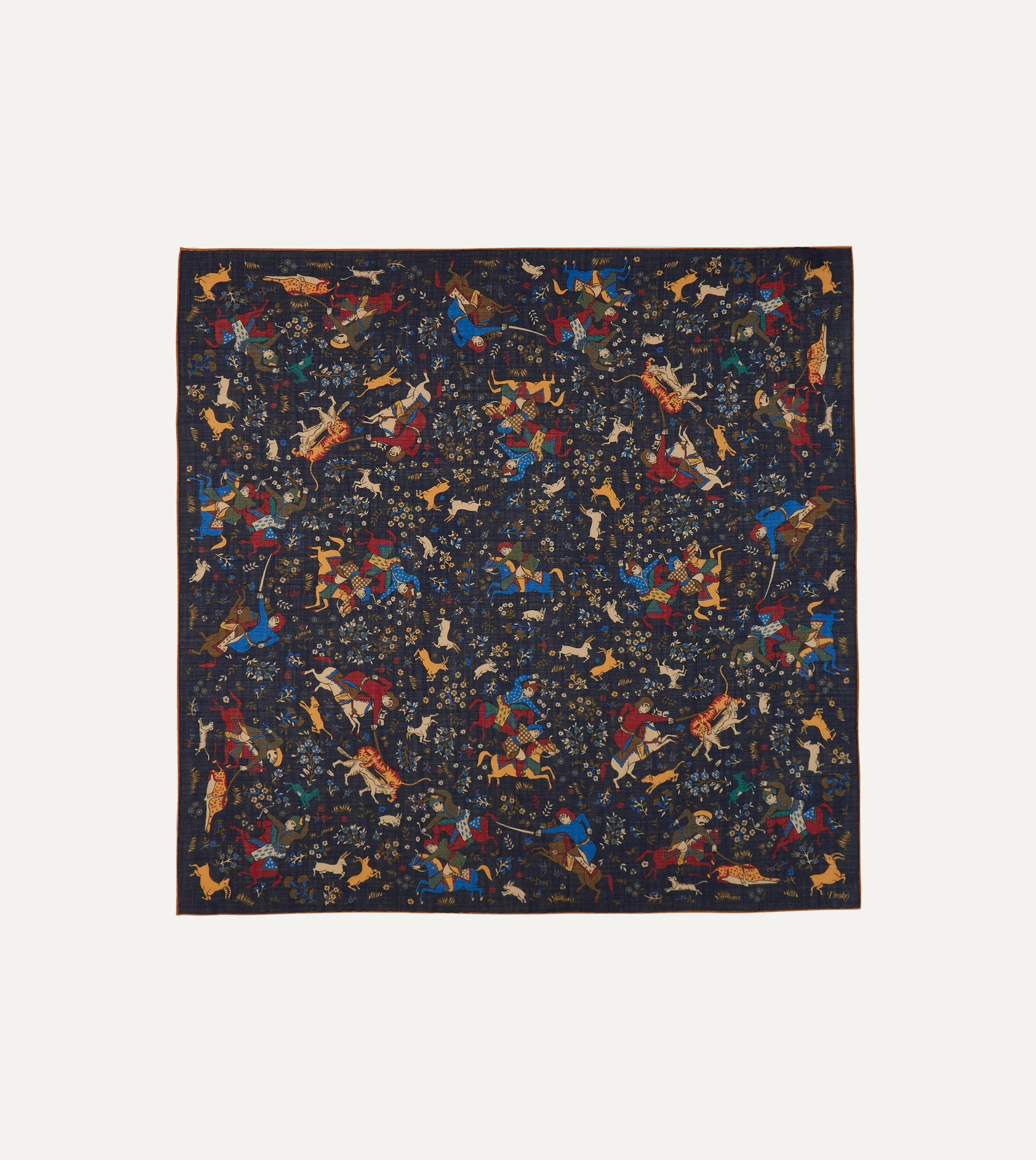 Navy Mughal Print Wool-Silk Square Scarf - 1