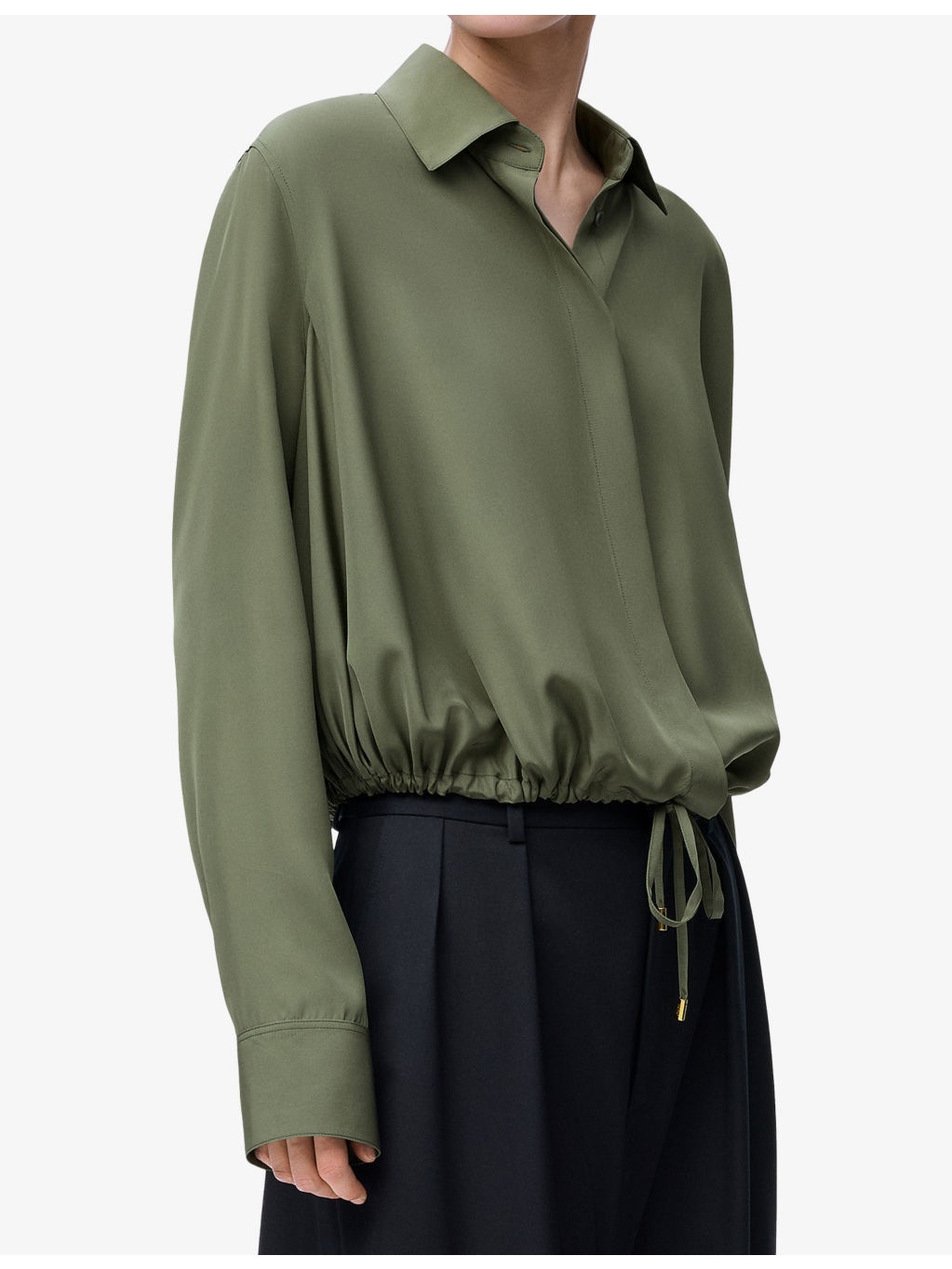 Balloon Drawstring-Hem Silk-Blend Shirt - 3