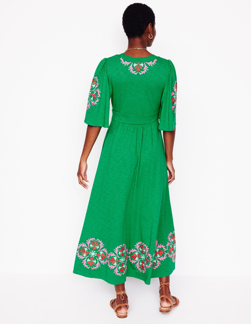 Maya Embroidered Kimono Dress-Rich Emerald, Embroidered 4
