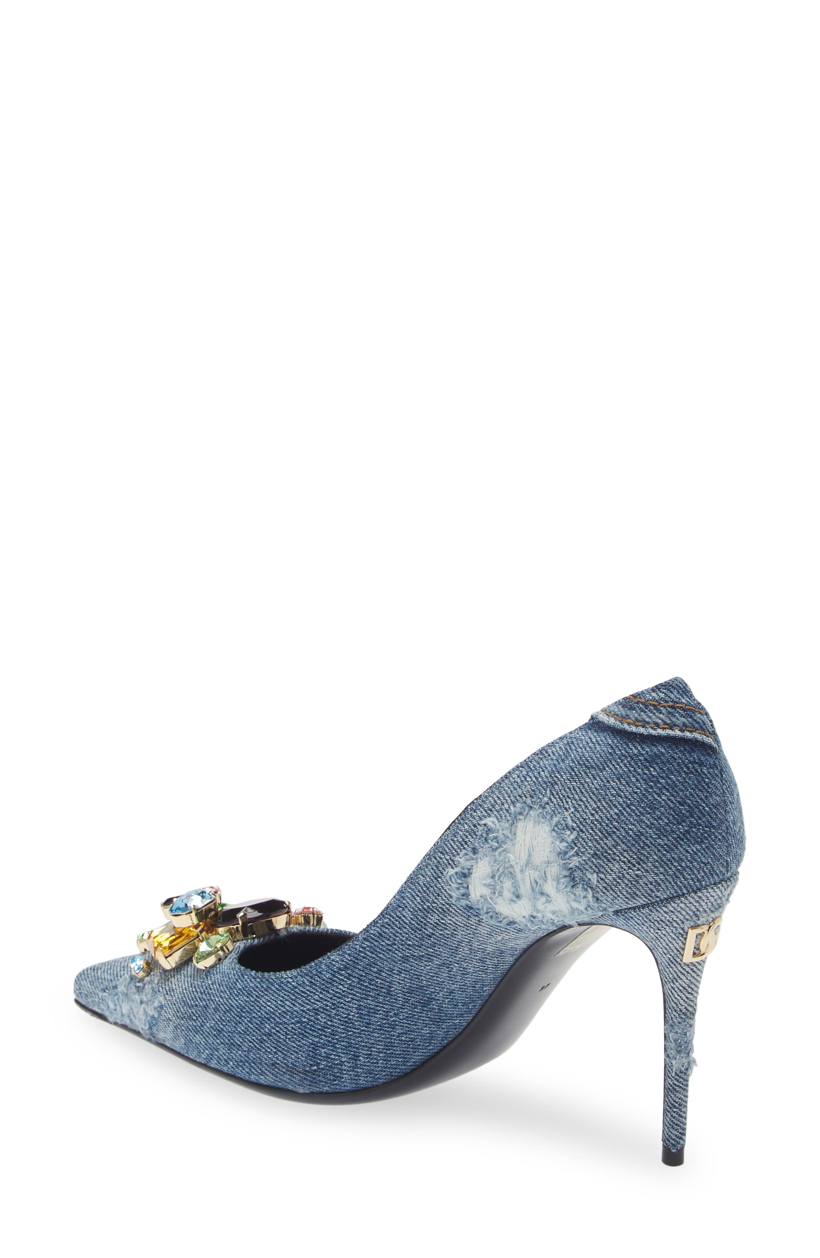 Patchwork Denim Pointed Toe Pump - 2