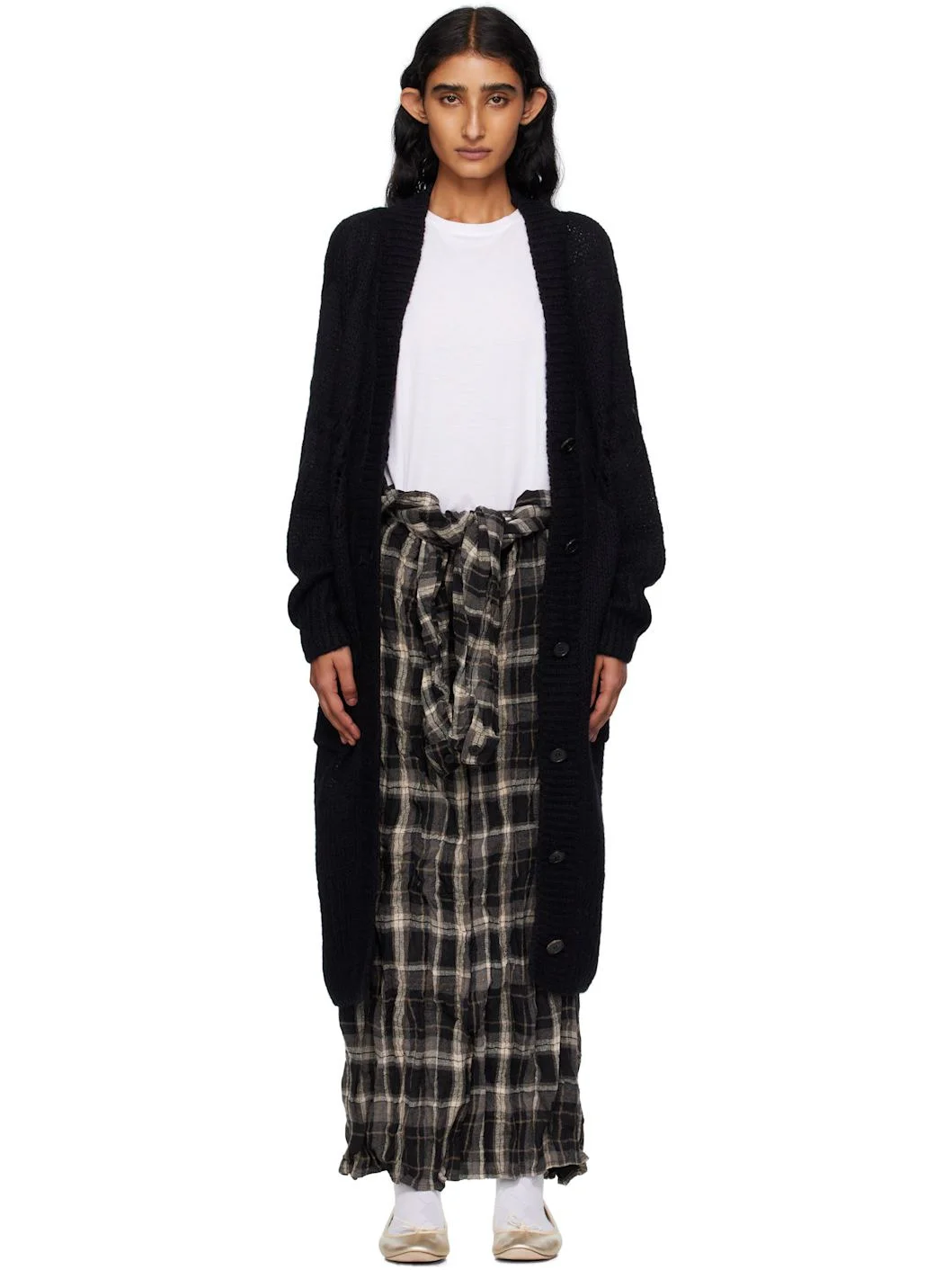 Black Alpaca Argyle Pointelle Long Cardigan - 1