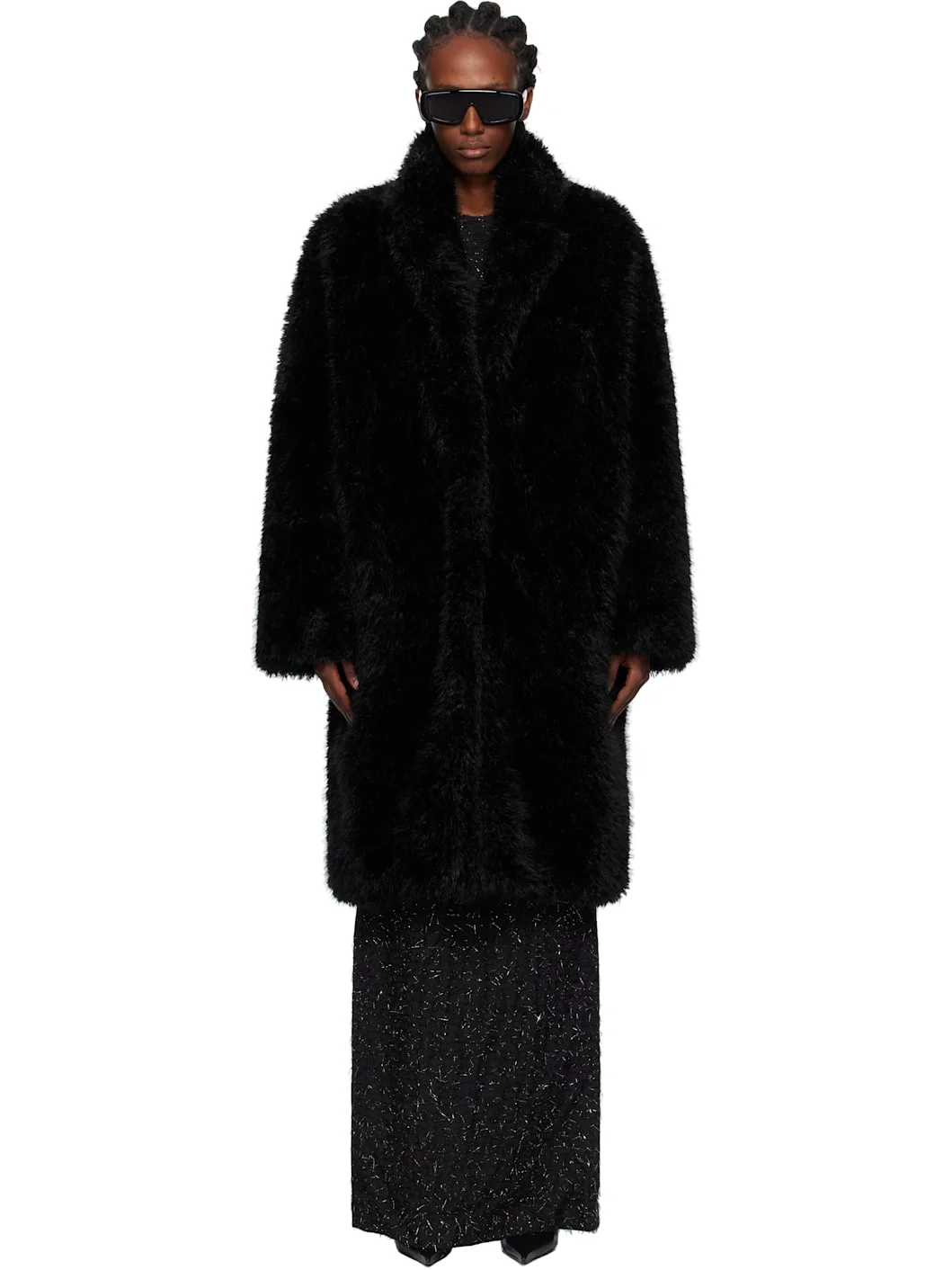 Black Notched Lapel Faux-Fur Coat - 1