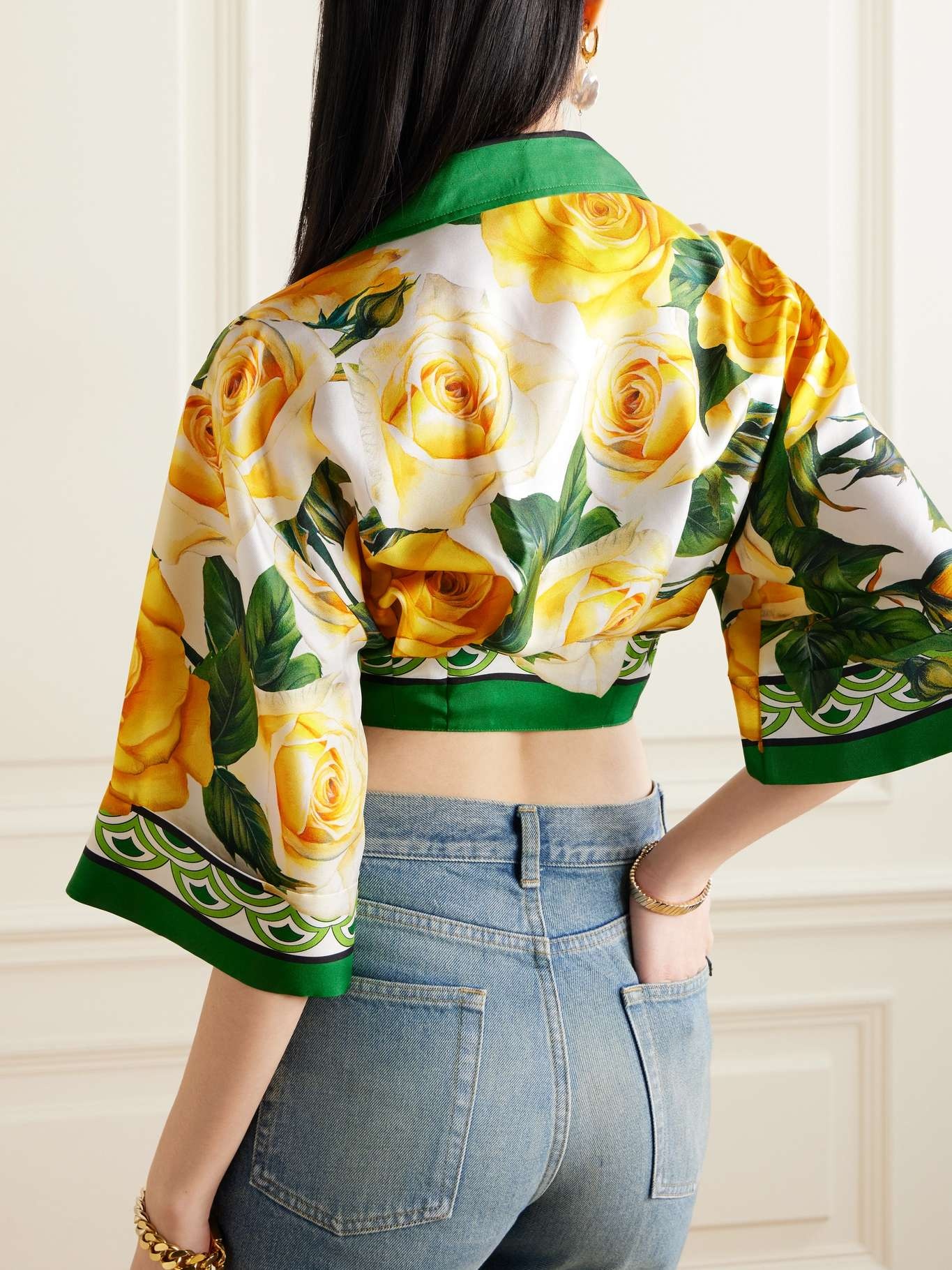 Cropped tie-front floral-print silk-twill shirt - 3