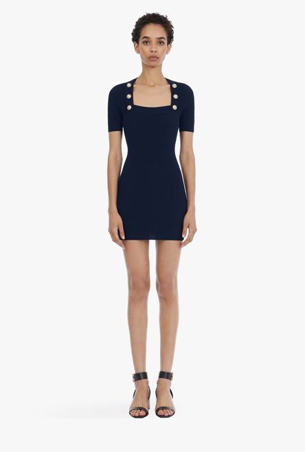 Short navy knit dress with gold-tone buttons - 4