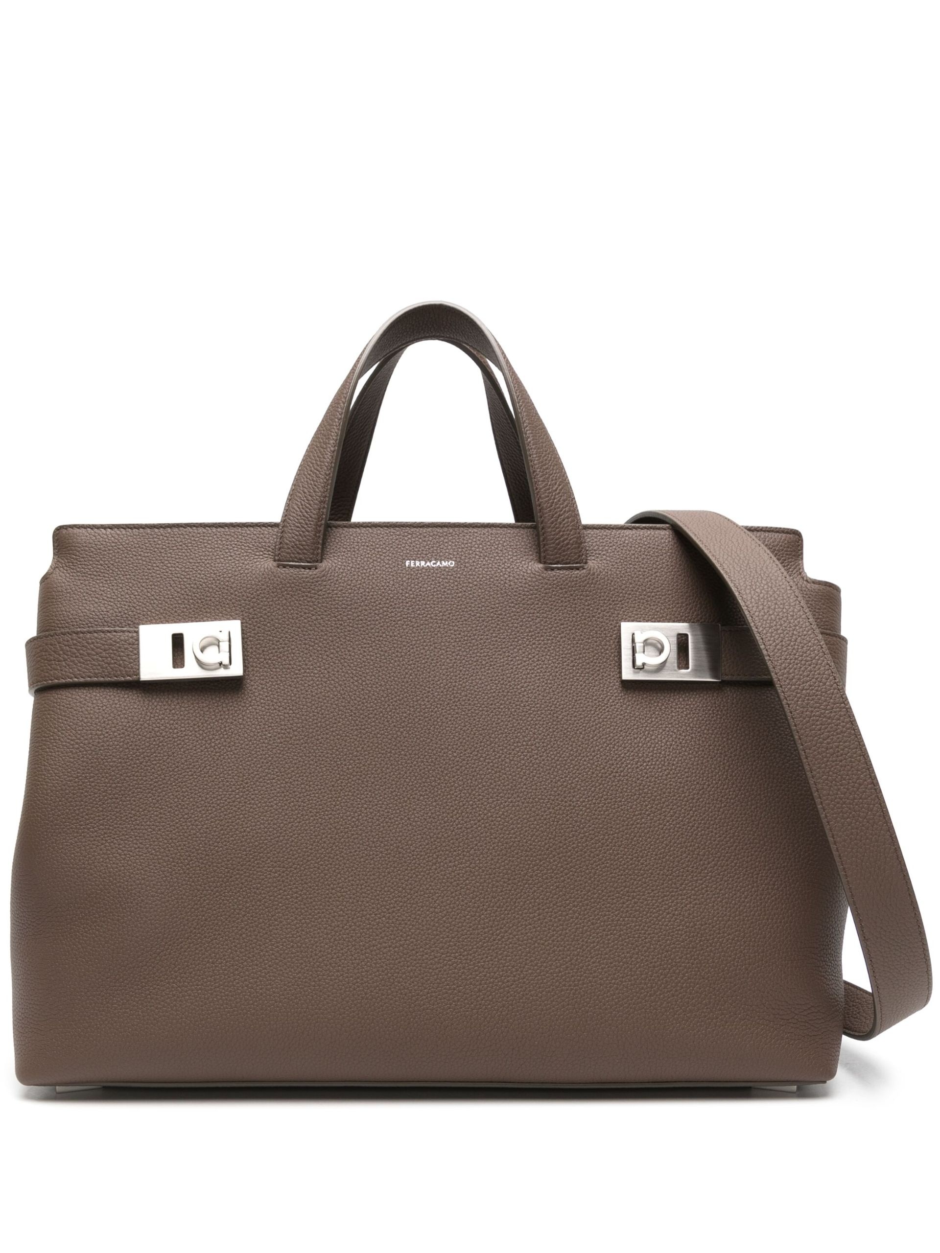 brown grained-leather tote bag - 1