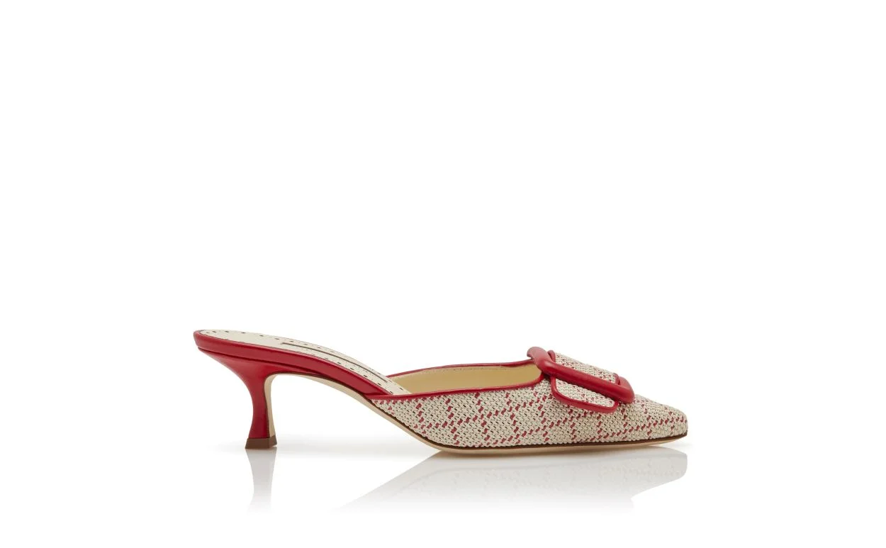 Light Beige Raffia Buckle Detail Mules - 1