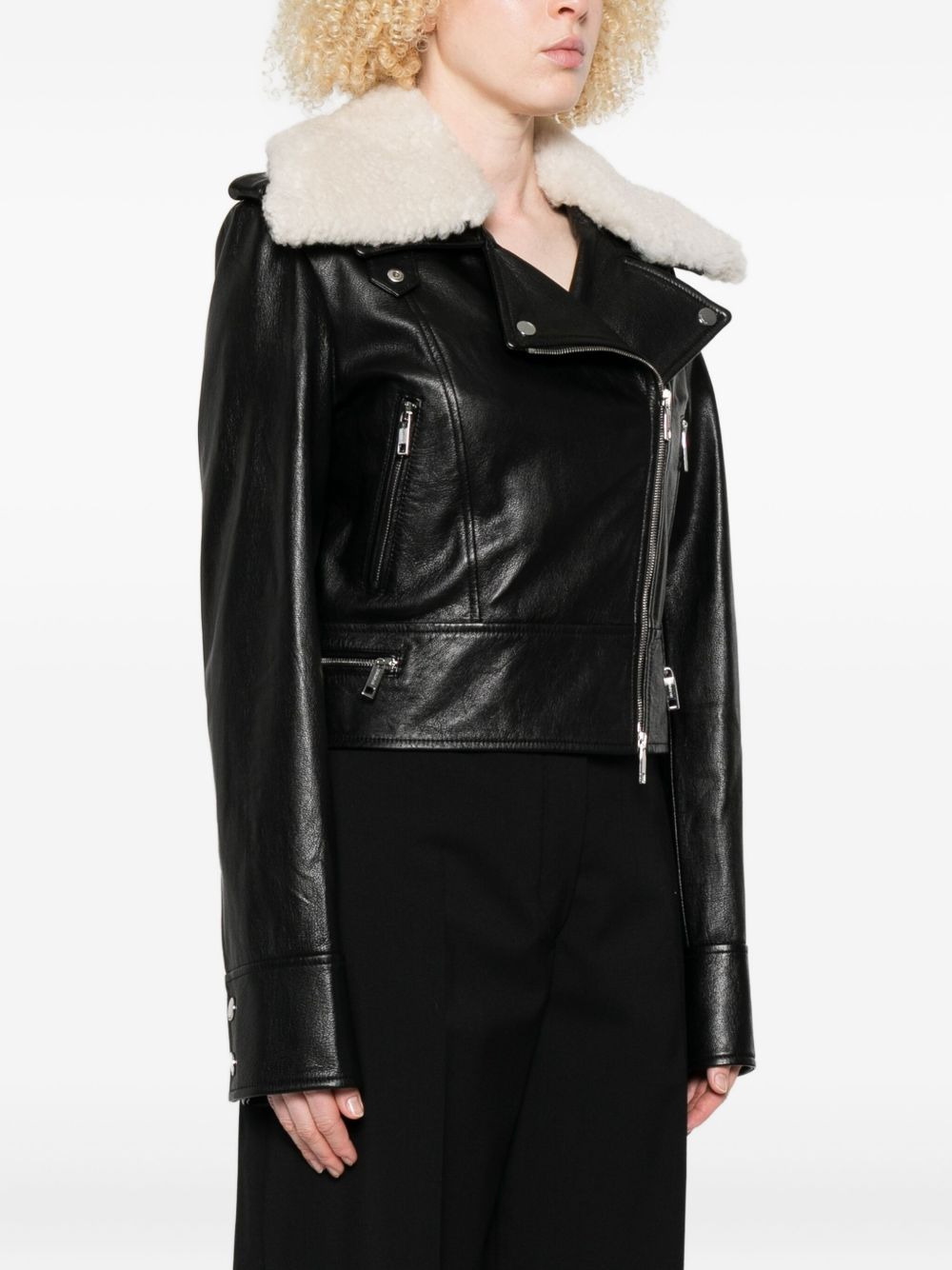 shearling-collar leather jacket - 3