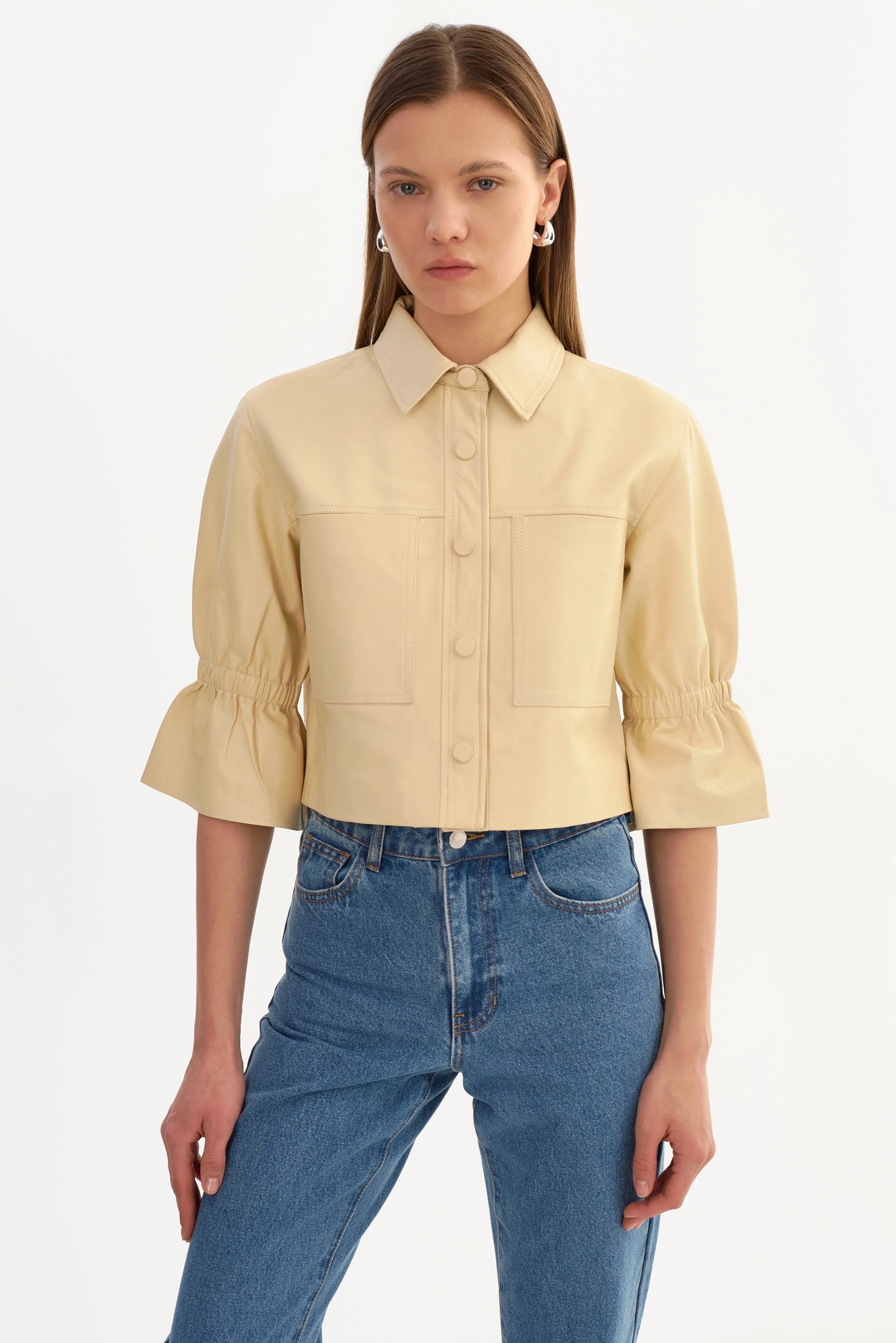 CAROLINA | Ruffle Sleeve Leather Jacket - 1