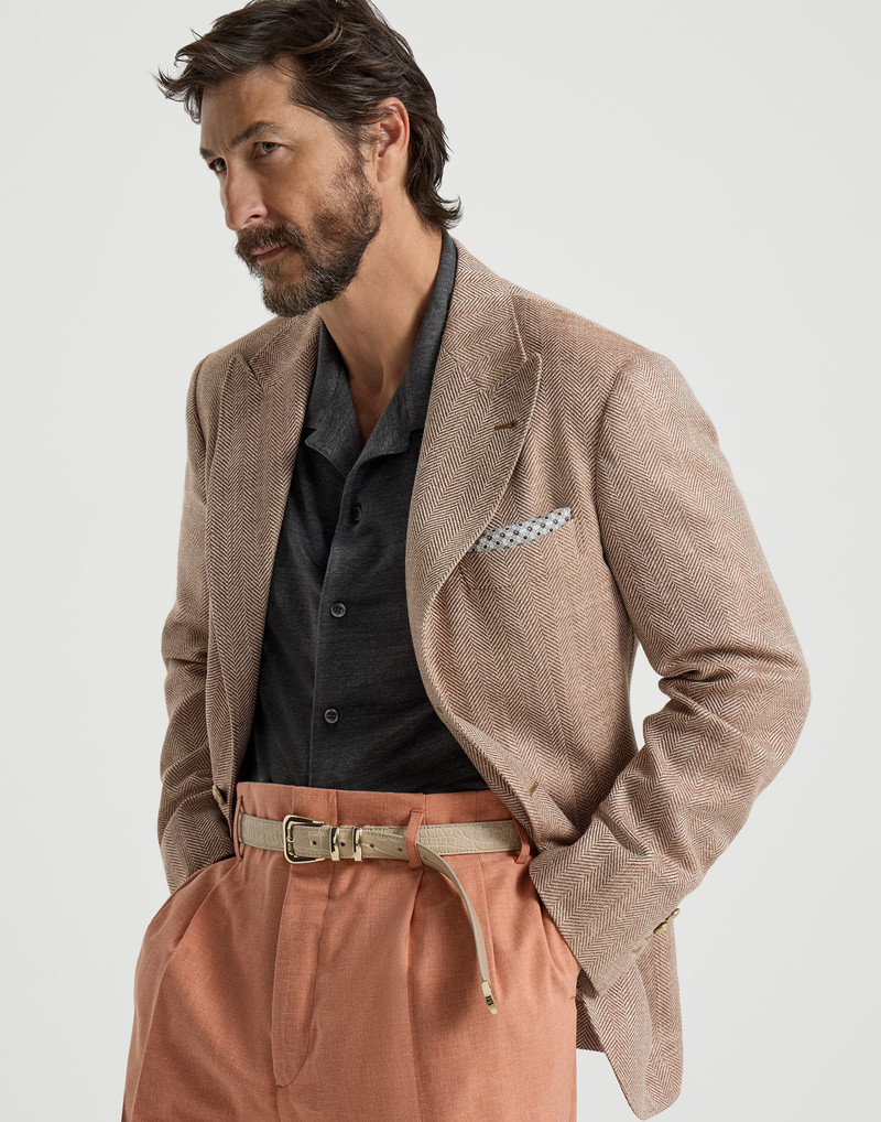 Virgin wool, silk and linen chevron deconstructed blazer with peak lapels and metal buttons 5
