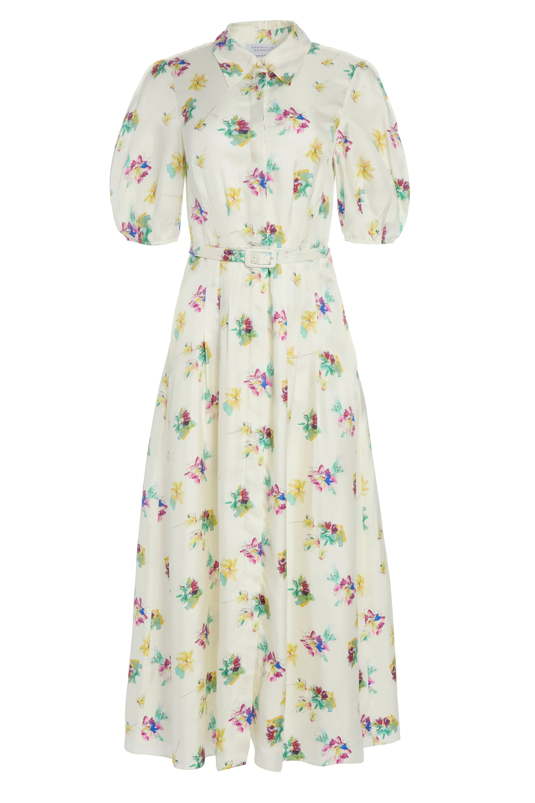 Maude Pleated Mia's Flowers Midi Shirtdress in Ivory Multi Printed Silk Twill - 1