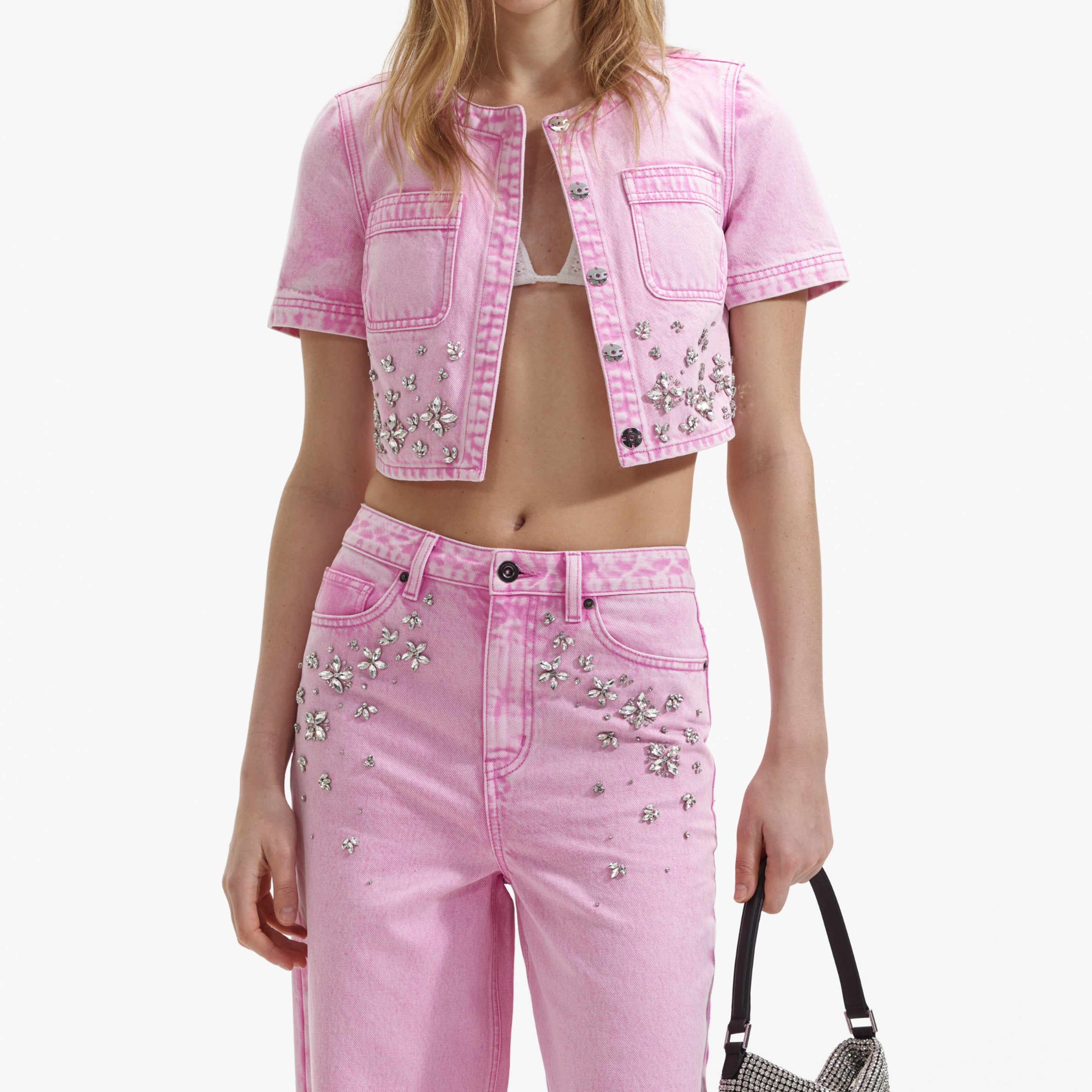 Pink Embellished Denim Top - 4