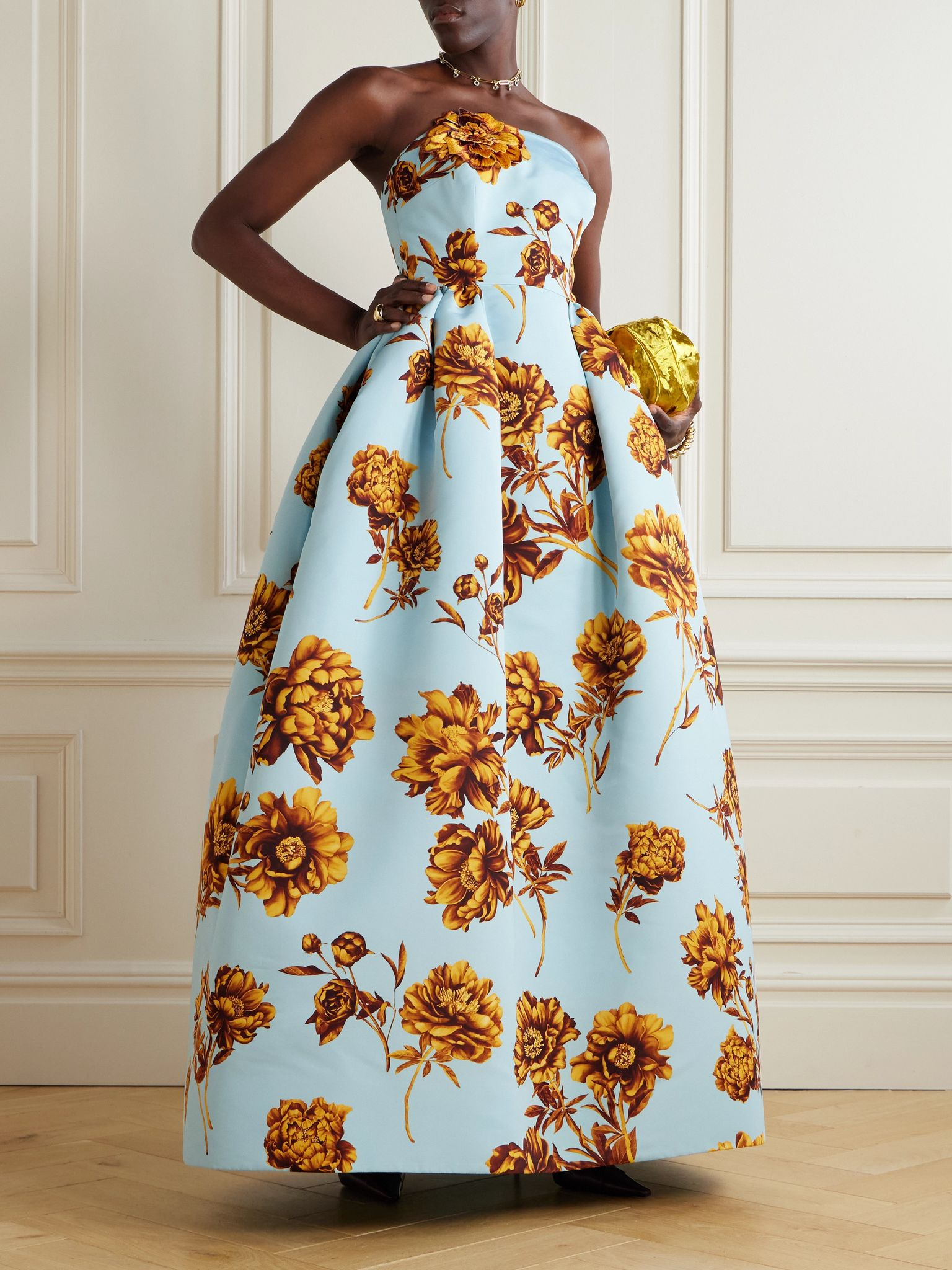Strapless floral-print faille gown Light blue - 2