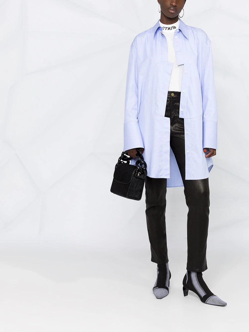 asymmetric-fastening oversize shirt - 2