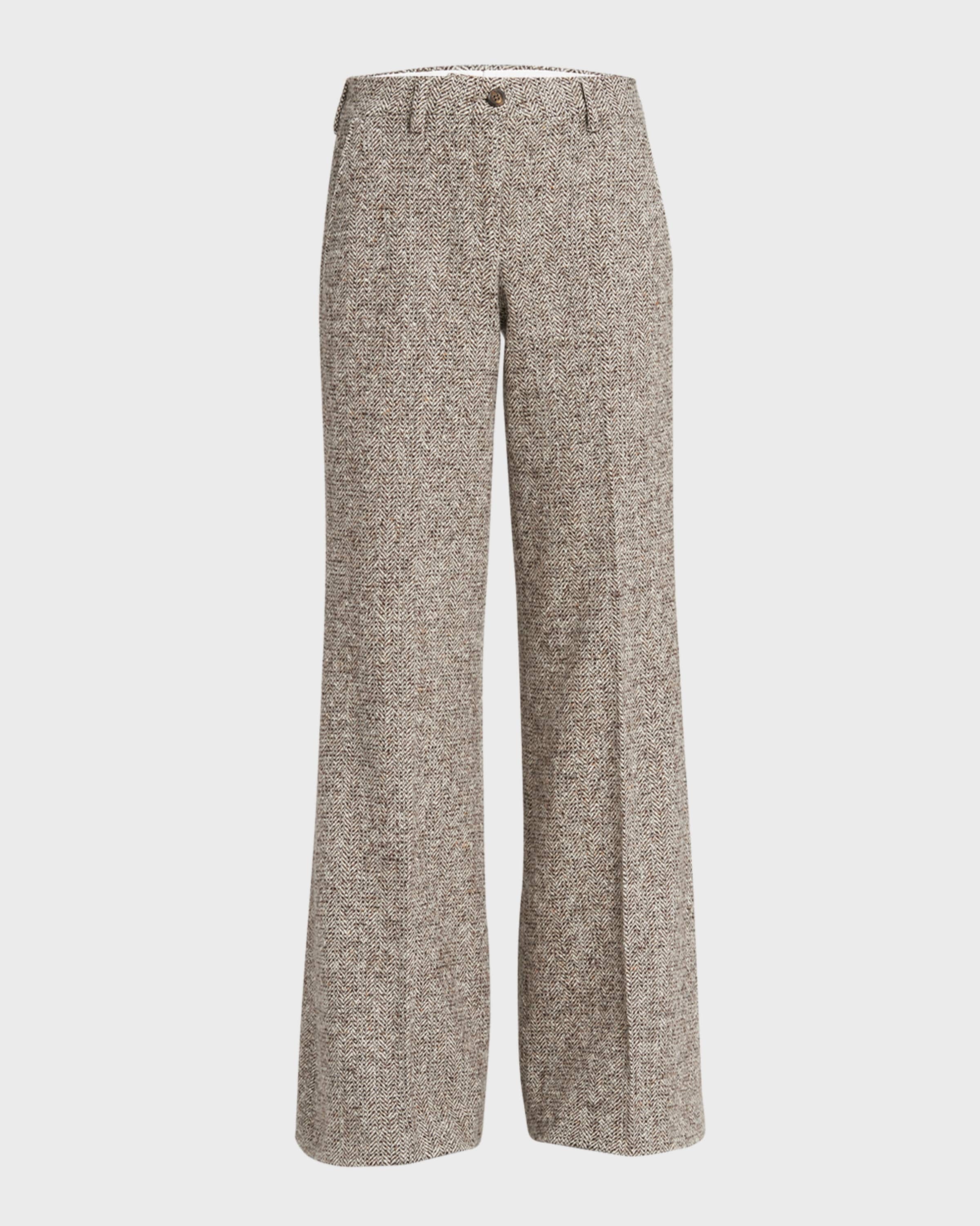 Women's pants in beige and brown wool and silk blend fabric