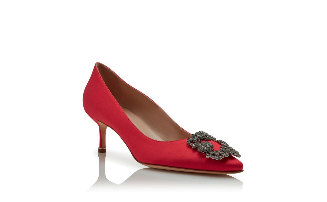 Red Satin Jewel Buckle Pumps - 3