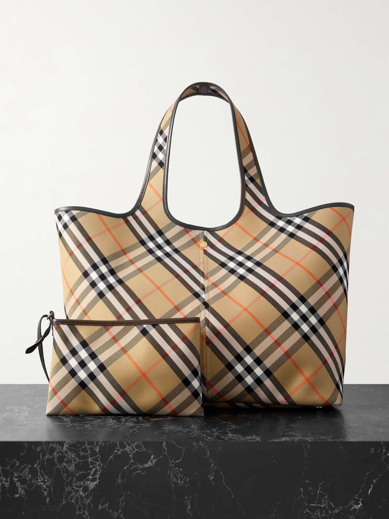 Leather-trimmed checked cotton-canvas tote - 5