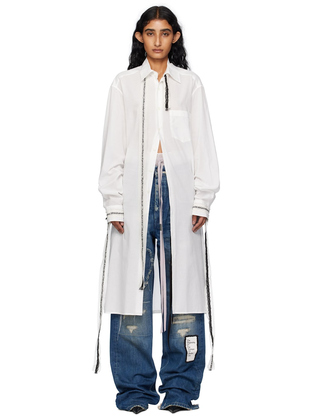 White Gabi Long Draped Ribbons Shirt - 1