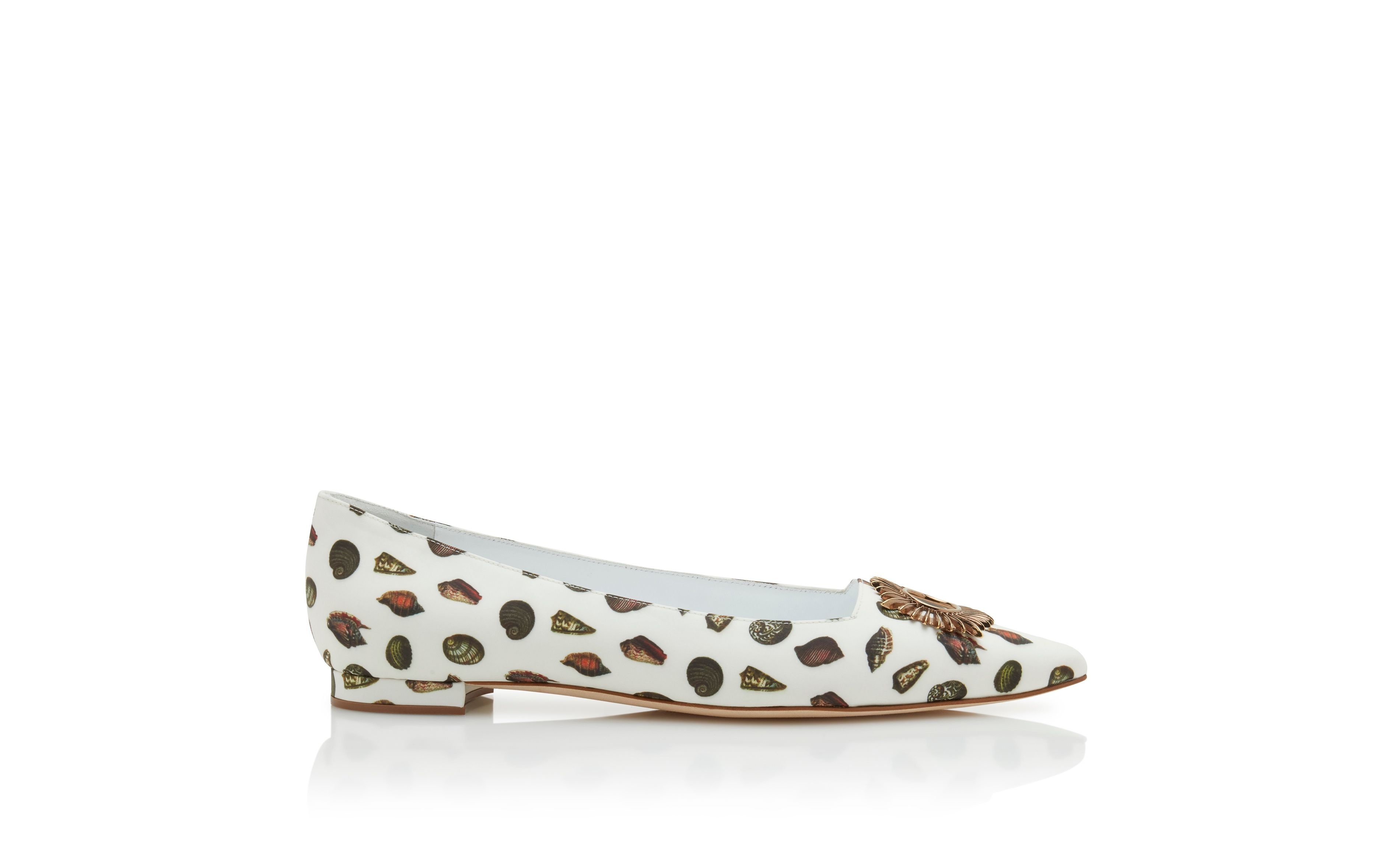 White Shell Printed Textile Flat Shoes - 1