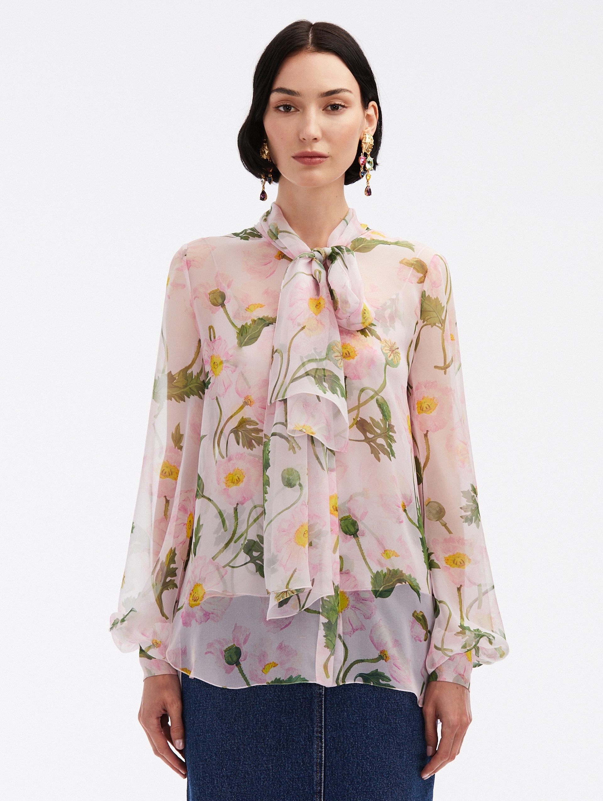 PAINTED POPPIES TIE-NECK CHIFFON BLOUSE - 1
