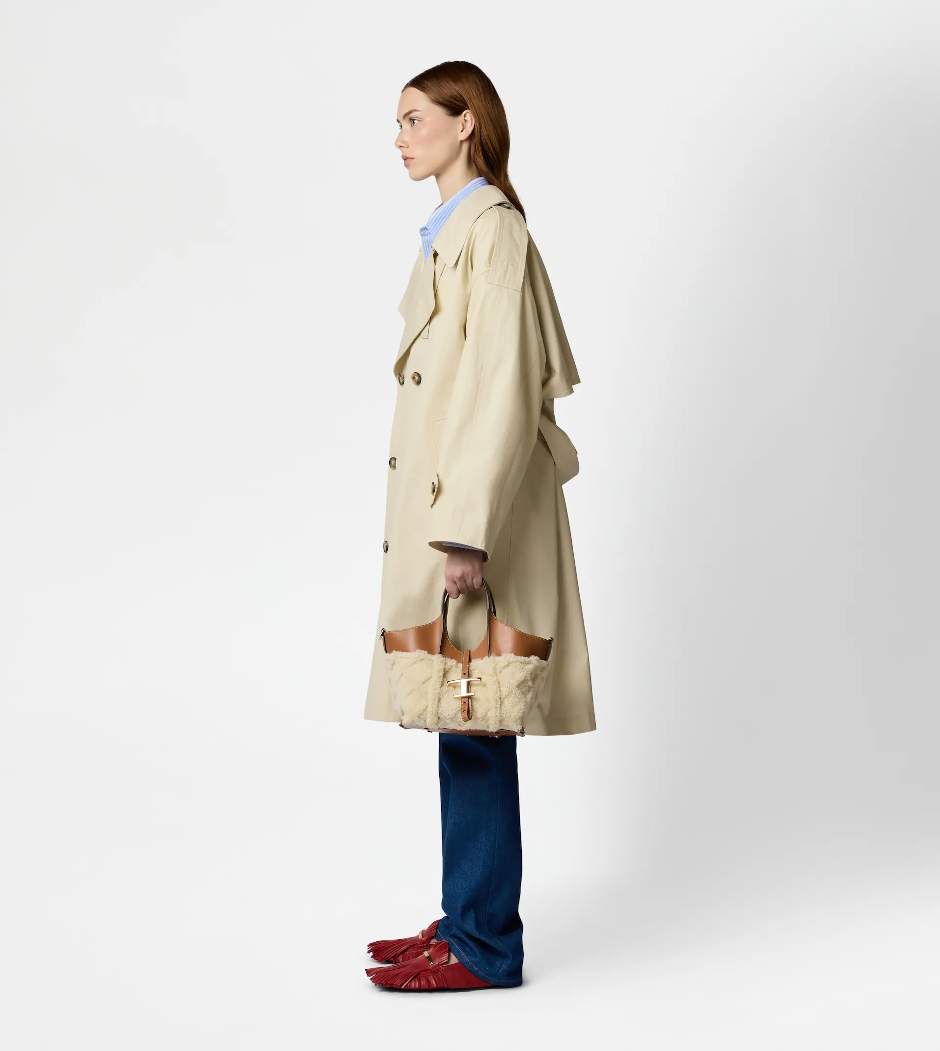 T TIMELESS SHOPPING BAG IN LEATHER AND SHEARLING MINI - BROWN, OFF WHITE - 4