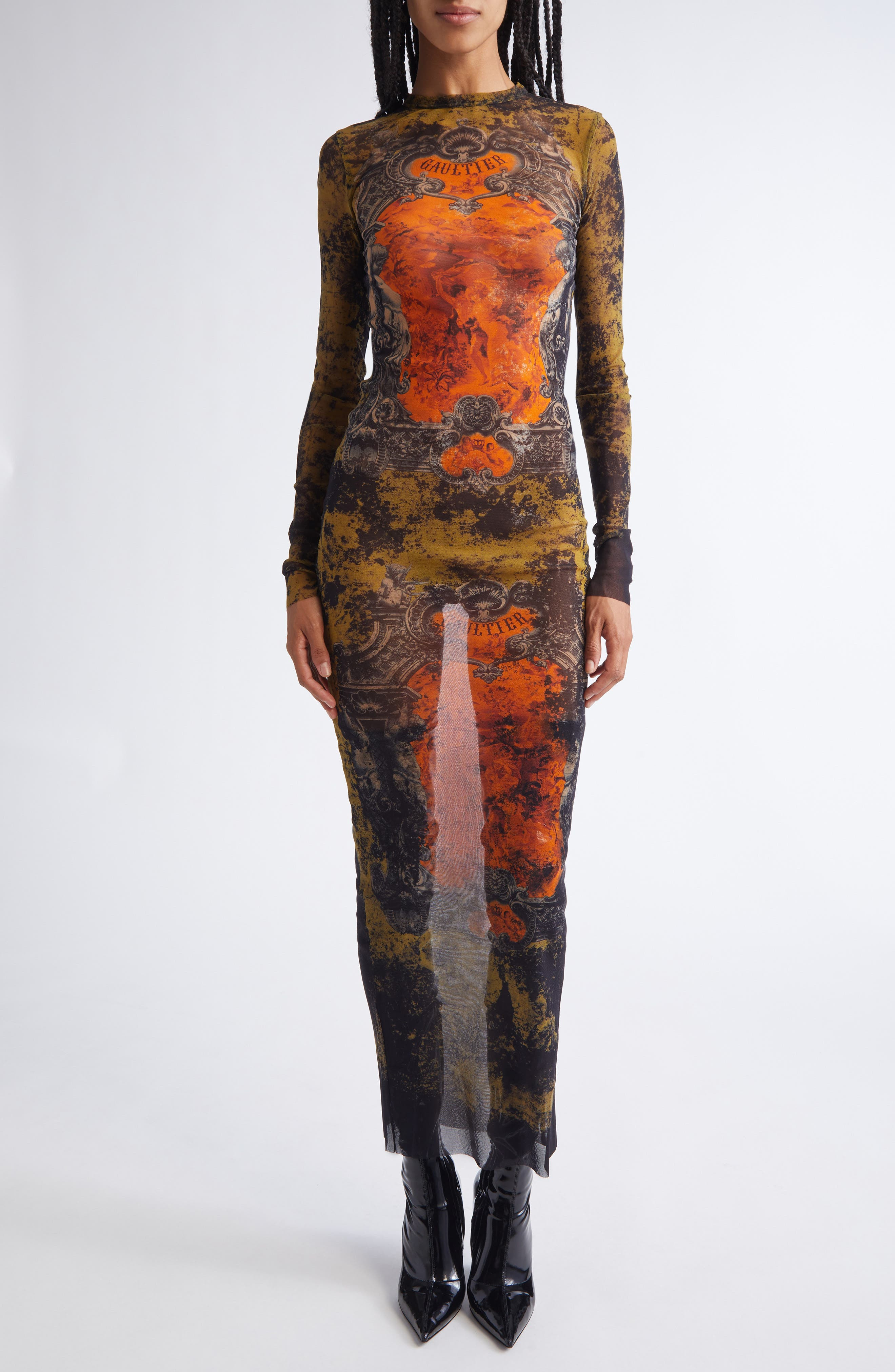 Jean Paul Gaultier Medallion Print Long Sleeve Mesh Body-Con Dress in Black/Khaki/Orange at Nordstro - 1