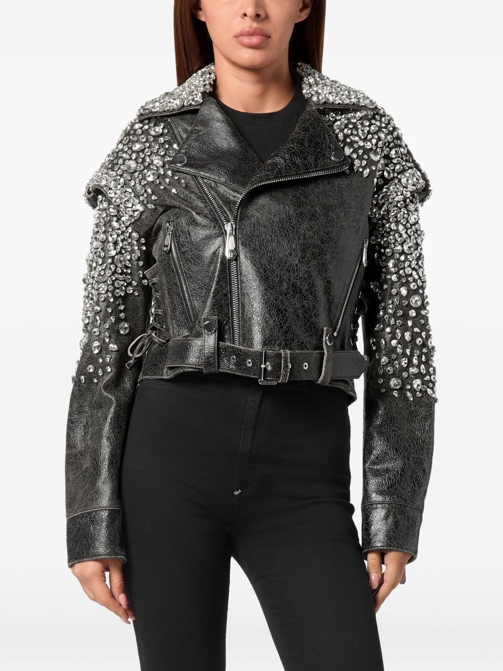leather cropped jacket - 3