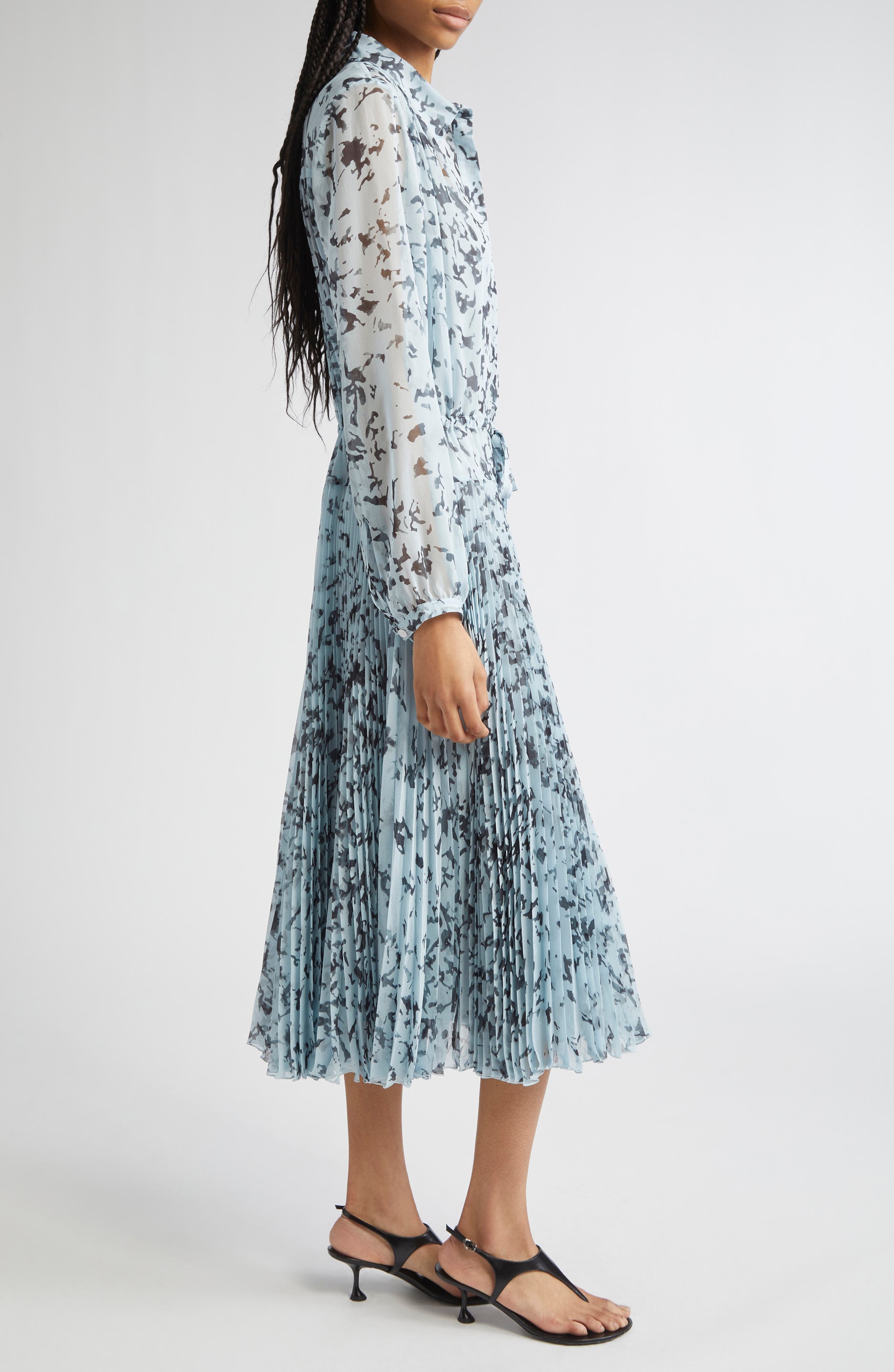 Proenza Schouler Jones Long Sleeve Pleated Crinkle Chiffon Shirtdress in Sky Blue Multi at Nordstrom - 3