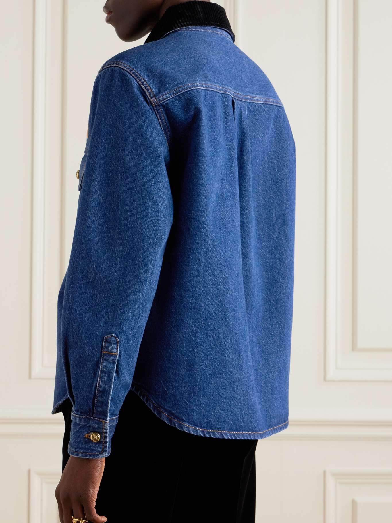 Nariida Senner corduroy-trimmed embroidered denim shirt Mid denim - 4